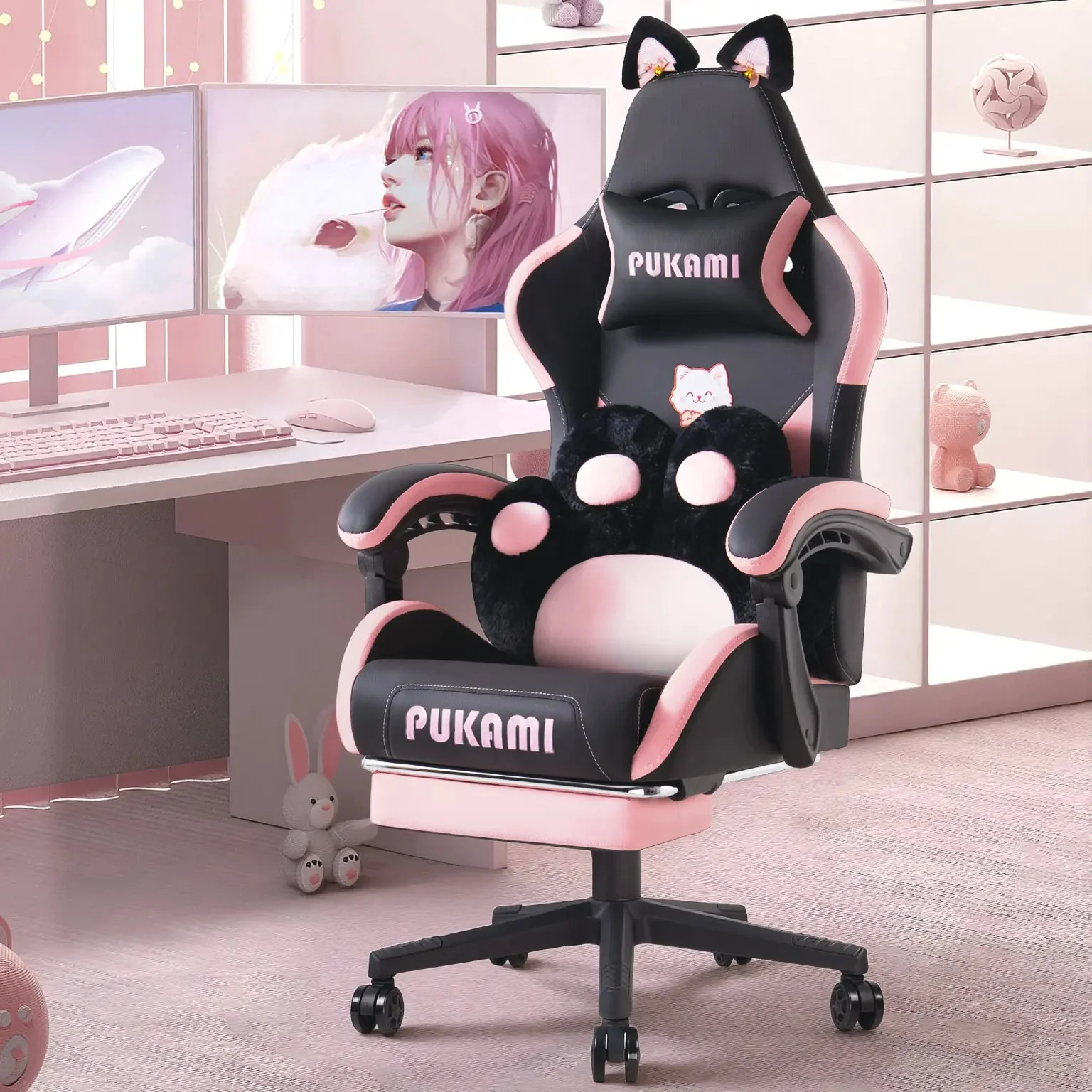 PUKAMI Gaming Chair with Cat Ears and Cat Paw Cushion Pillow-A - Image 8