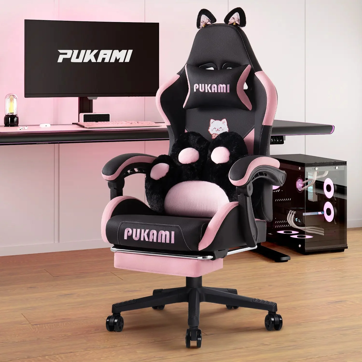 PUKAMI Gaming Chair with Cat Ears and Cat Paw Cushion Pillow-A - Image 9