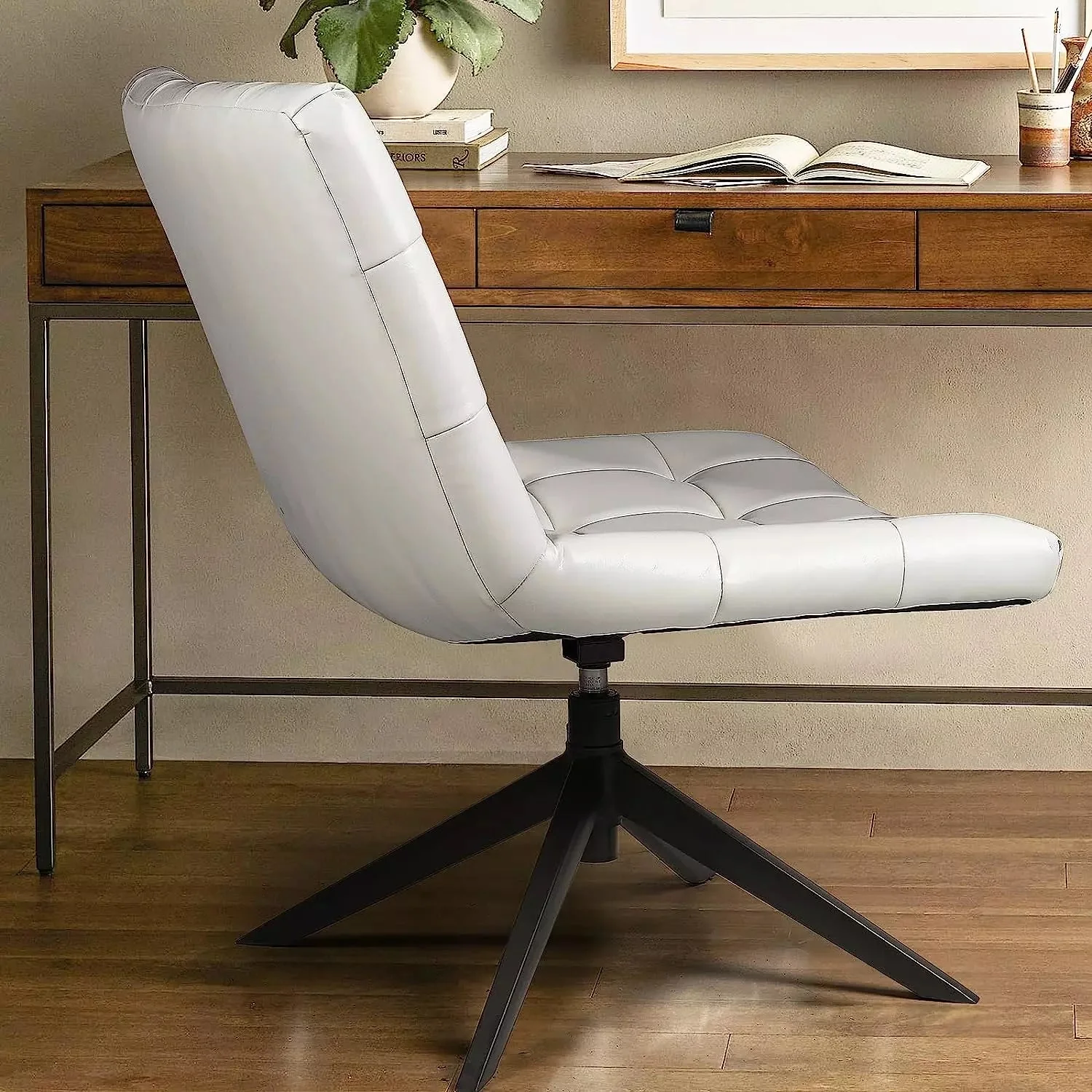 PUKAMI Mid Century Modern Accent Chair,Faux Leather Swivel Desk Chair No Wheels - Image 13