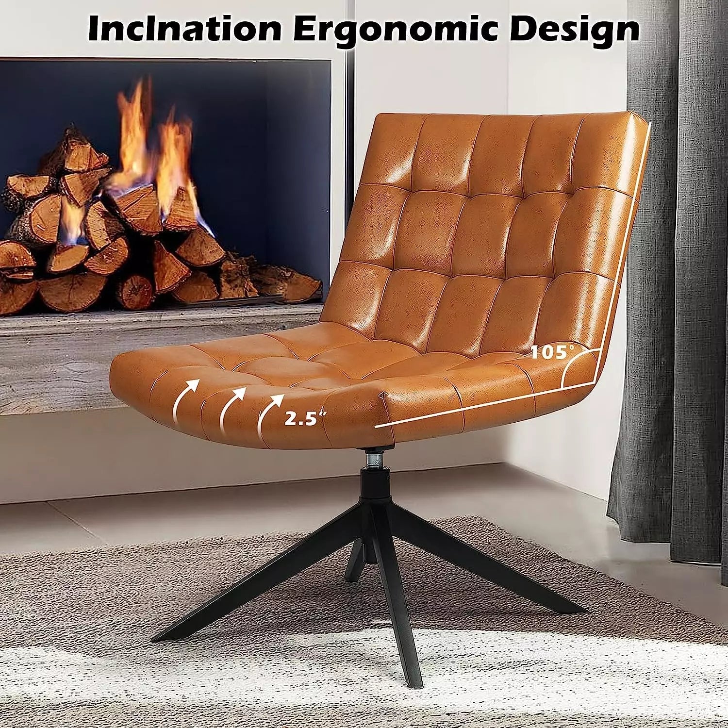 PUKAMI Mid Century Modern Accent Chair,Faux Leather Swivel Desk Chair No Wheels - Image 3