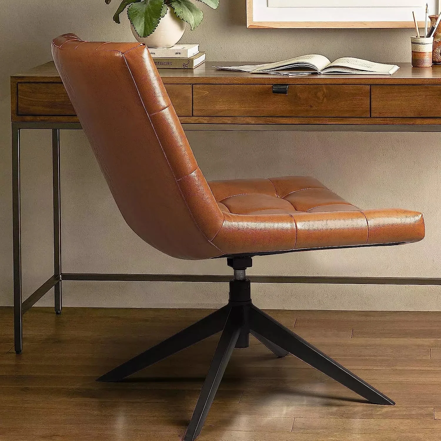 PUKAMI Mid Century Modern Accent Chair,Faux Leather Swivel Desk Chair No Wheels - Image 6