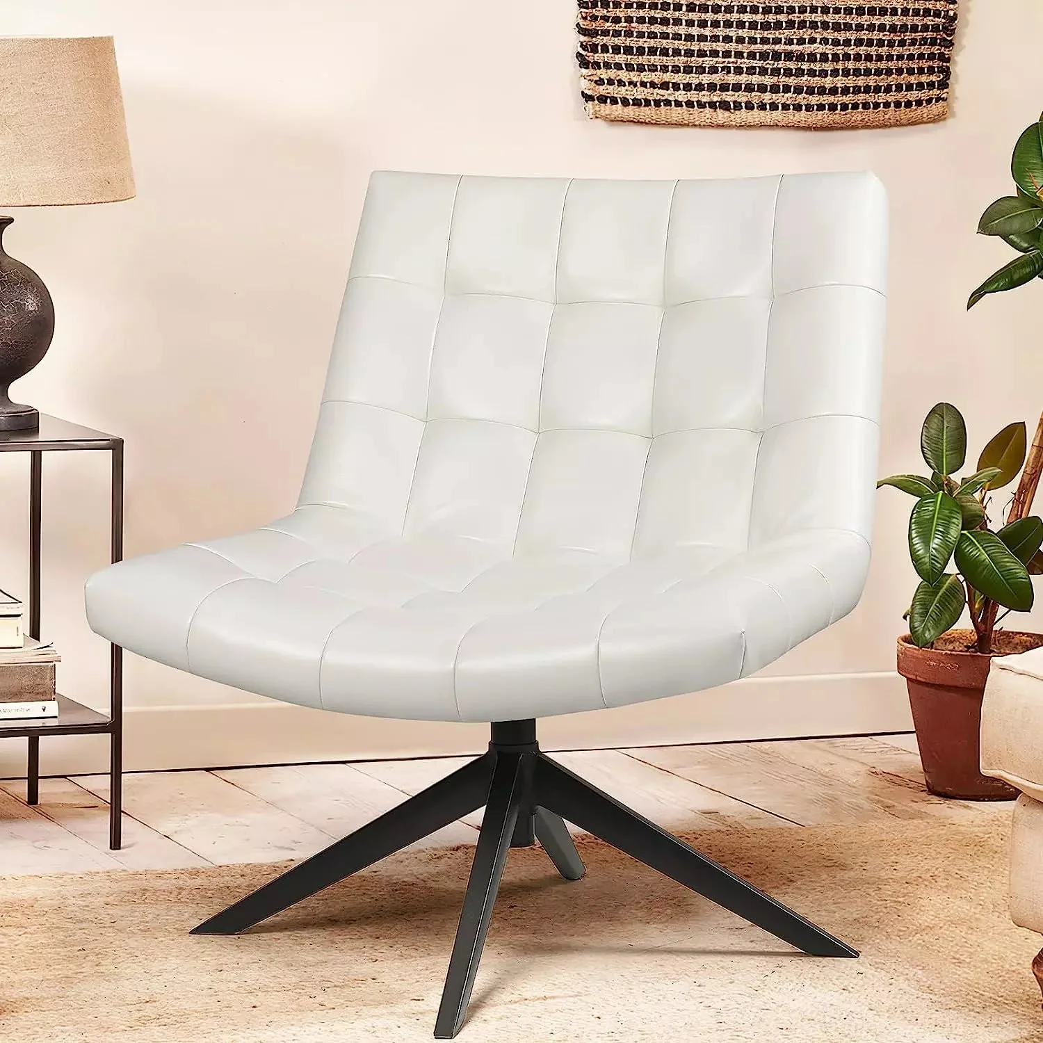 PUKAMI Mid Century Modern Accent Chair,Faux Leather Swivel Desk Chair No Wheels - Image 8