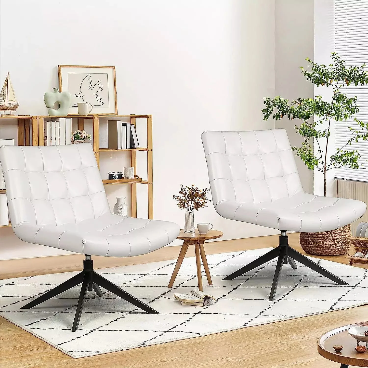 PUKAMI Mid Century Modern Accent Chair,Faux Leather Swivel Desk Chair No Wheels - Image 9