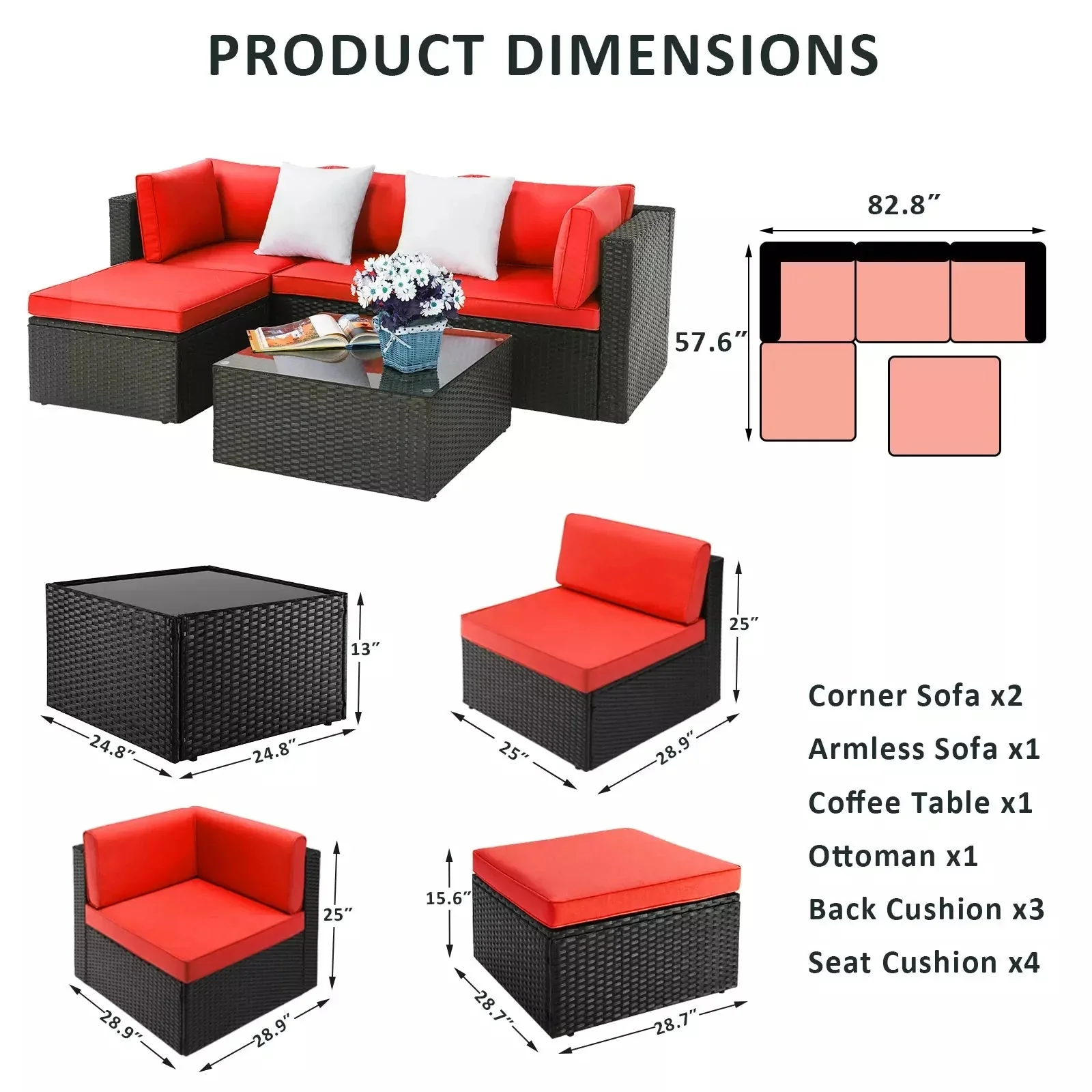 Vitesse 5 Pieces L Shaped Modular Patio Furniture Sets with Ottoman - Image 23
