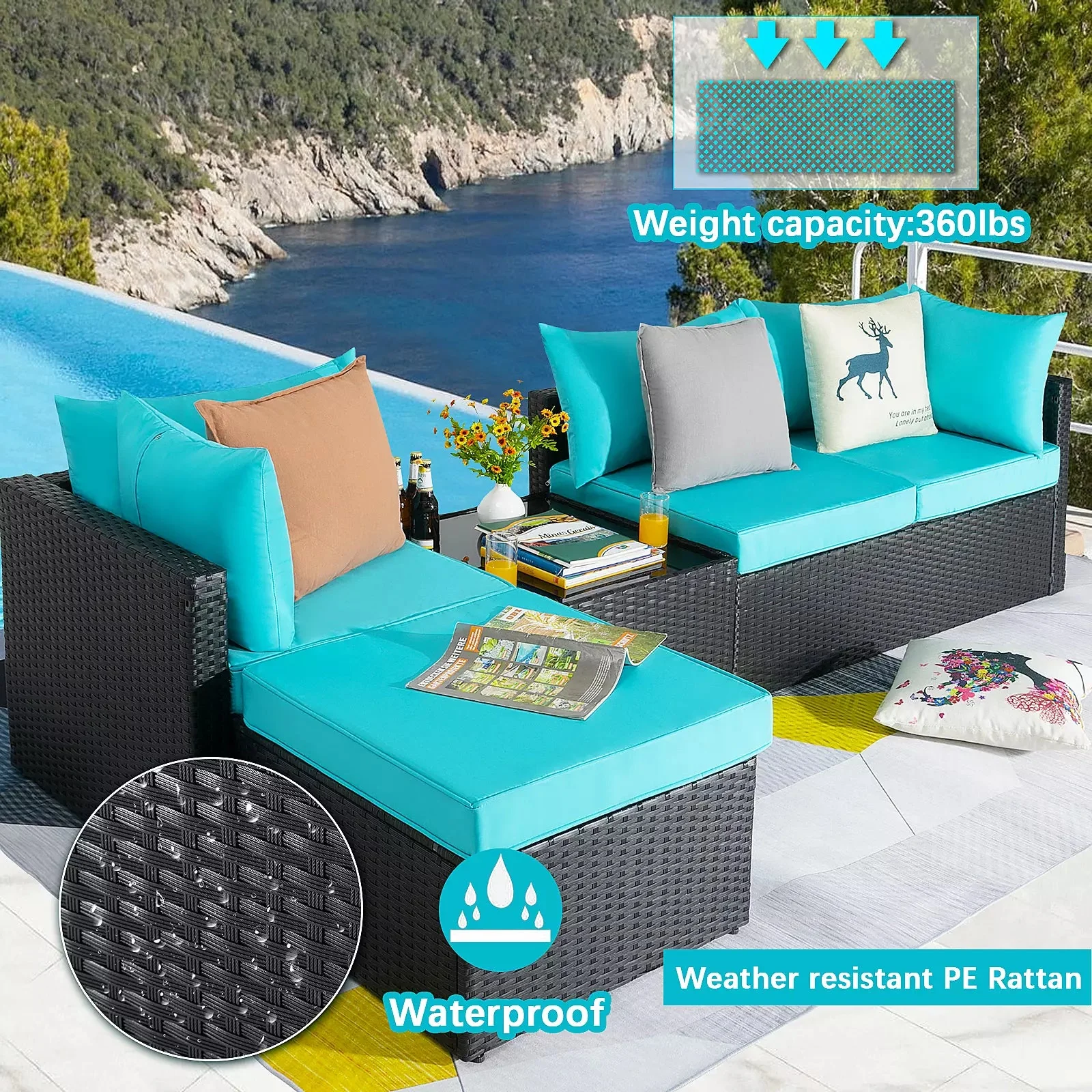 Vitesse 5 Pieces Patio Furniture Sets, Outdoor Sectional Sofa - Image 3