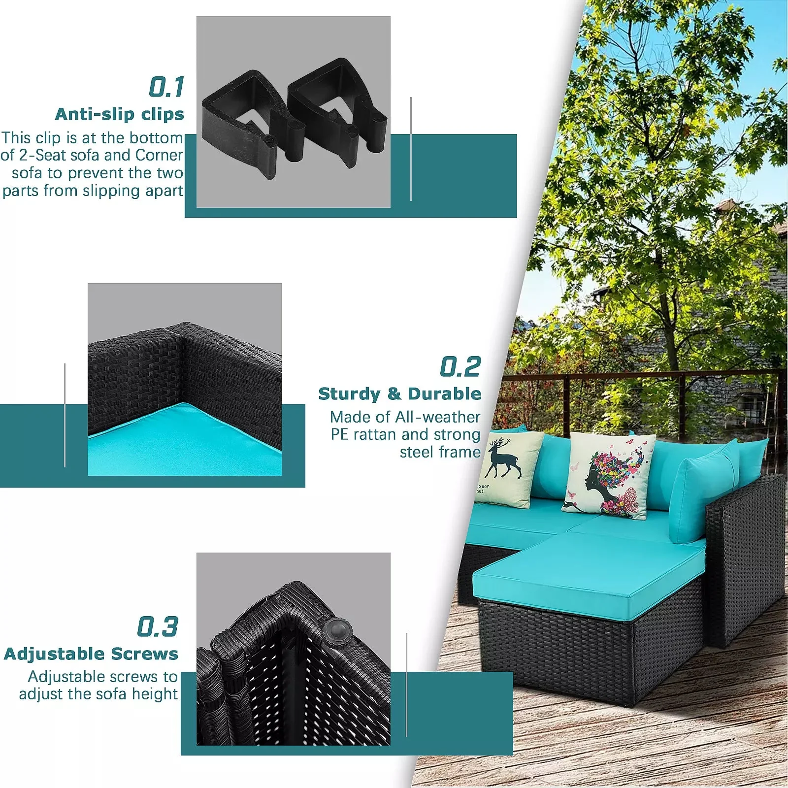 Vitesse 5 Pieces Patio Furniture Sets, Outdoor Sectional Sofa - Image 5