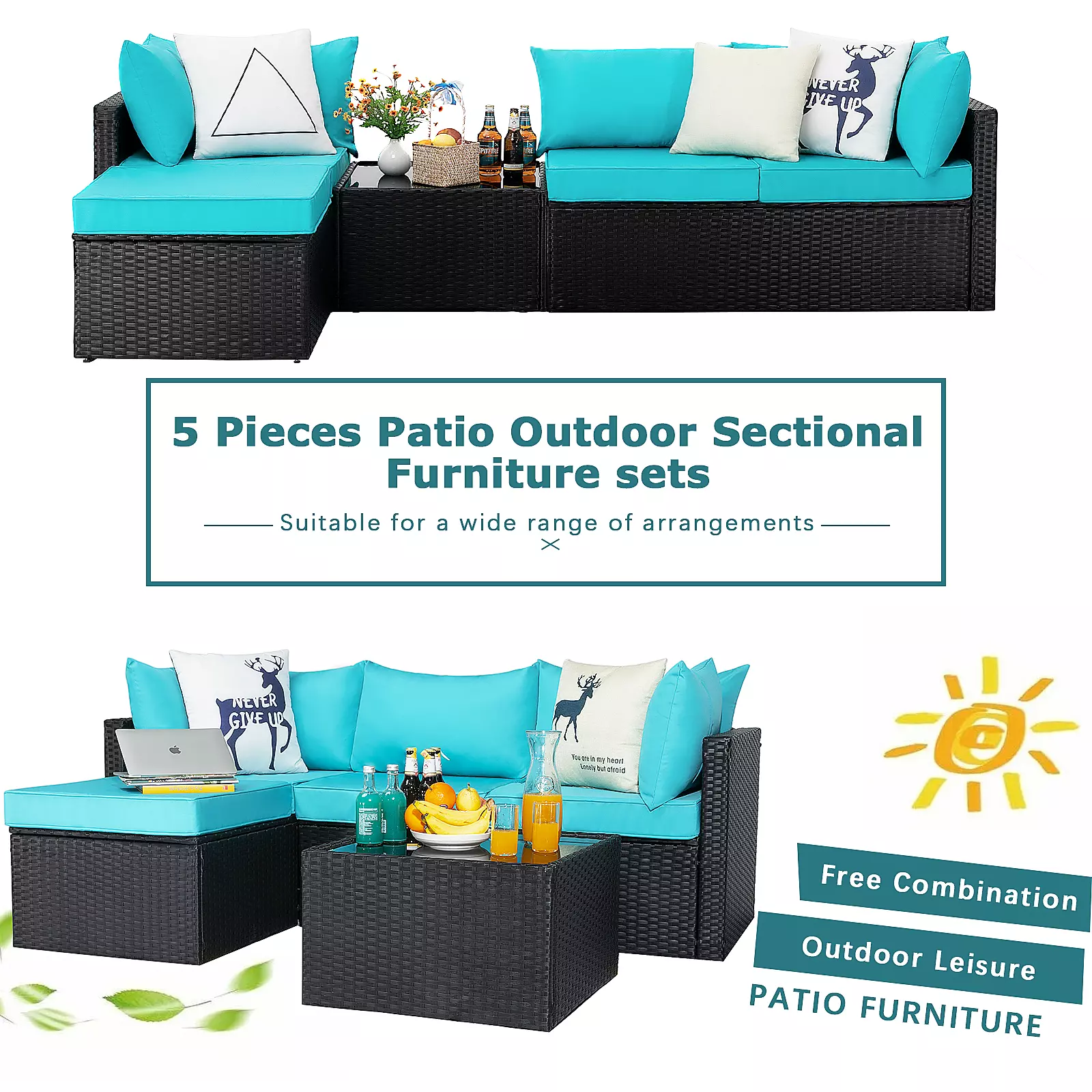 Vitesse 5 Pieces Patio Furniture Sets, Outdoor Sectional Sofa - Image 6