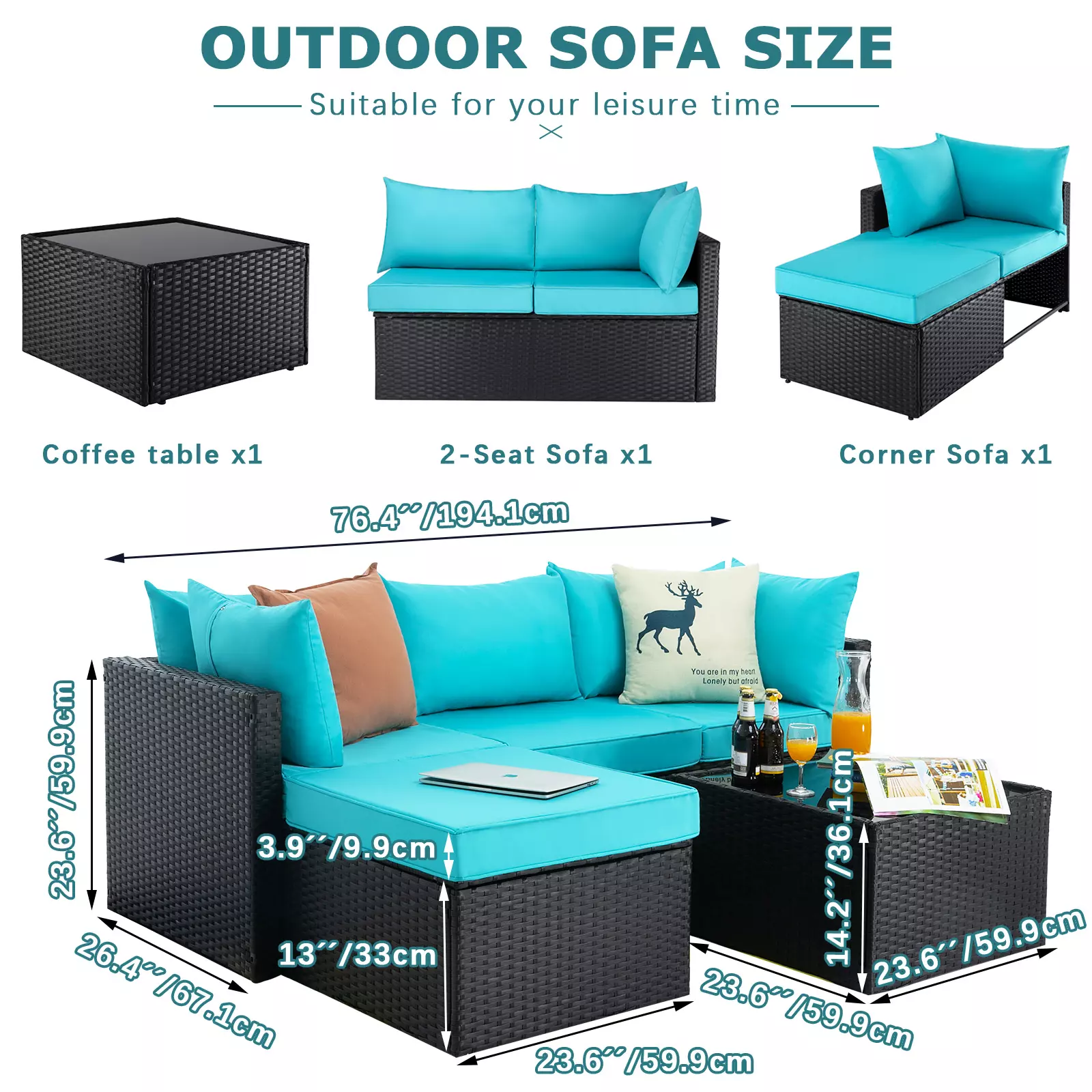 Vitesse 5 Pieces Patio Furniture Sets, Outdoor Sectional Sofa - Image 8