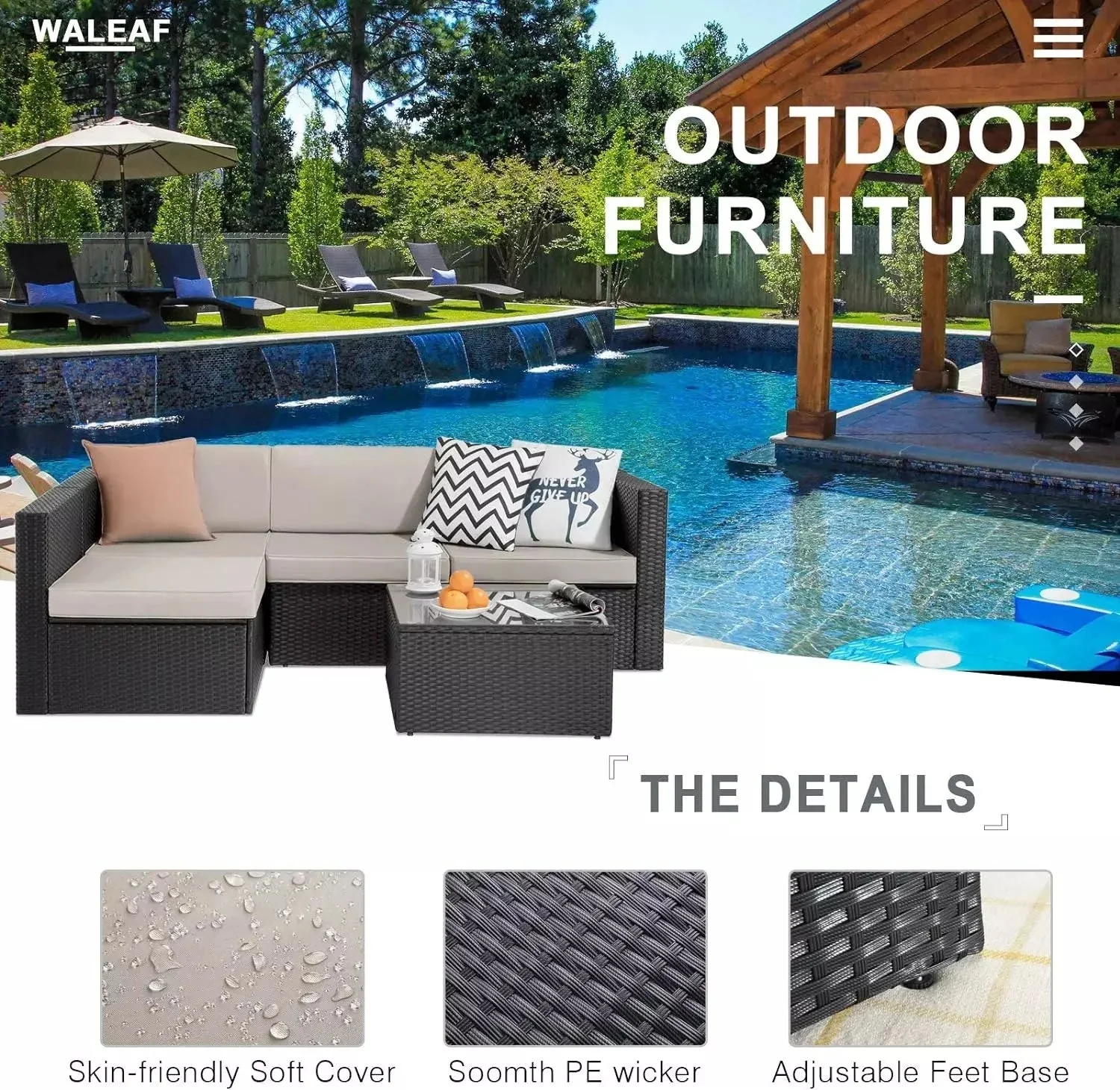 Vitesse 5 Pieces Patio Furniture Sets, Outdoor Sectional Sofa with Table - Image 4