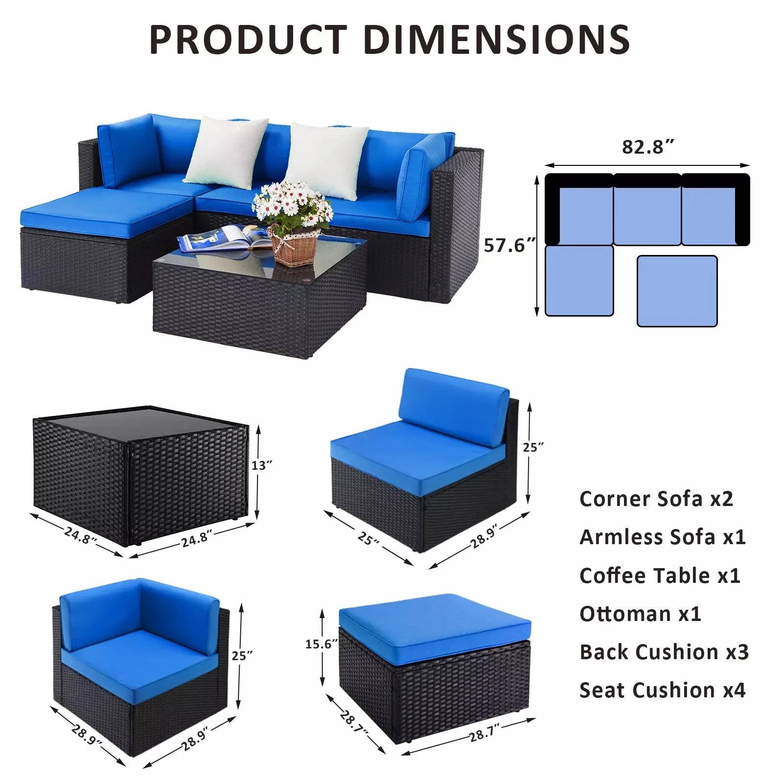 Vitesse 5 Pieces L Shaped Modular Patio Furniture Sets with Ottoman PF01 - Image 14