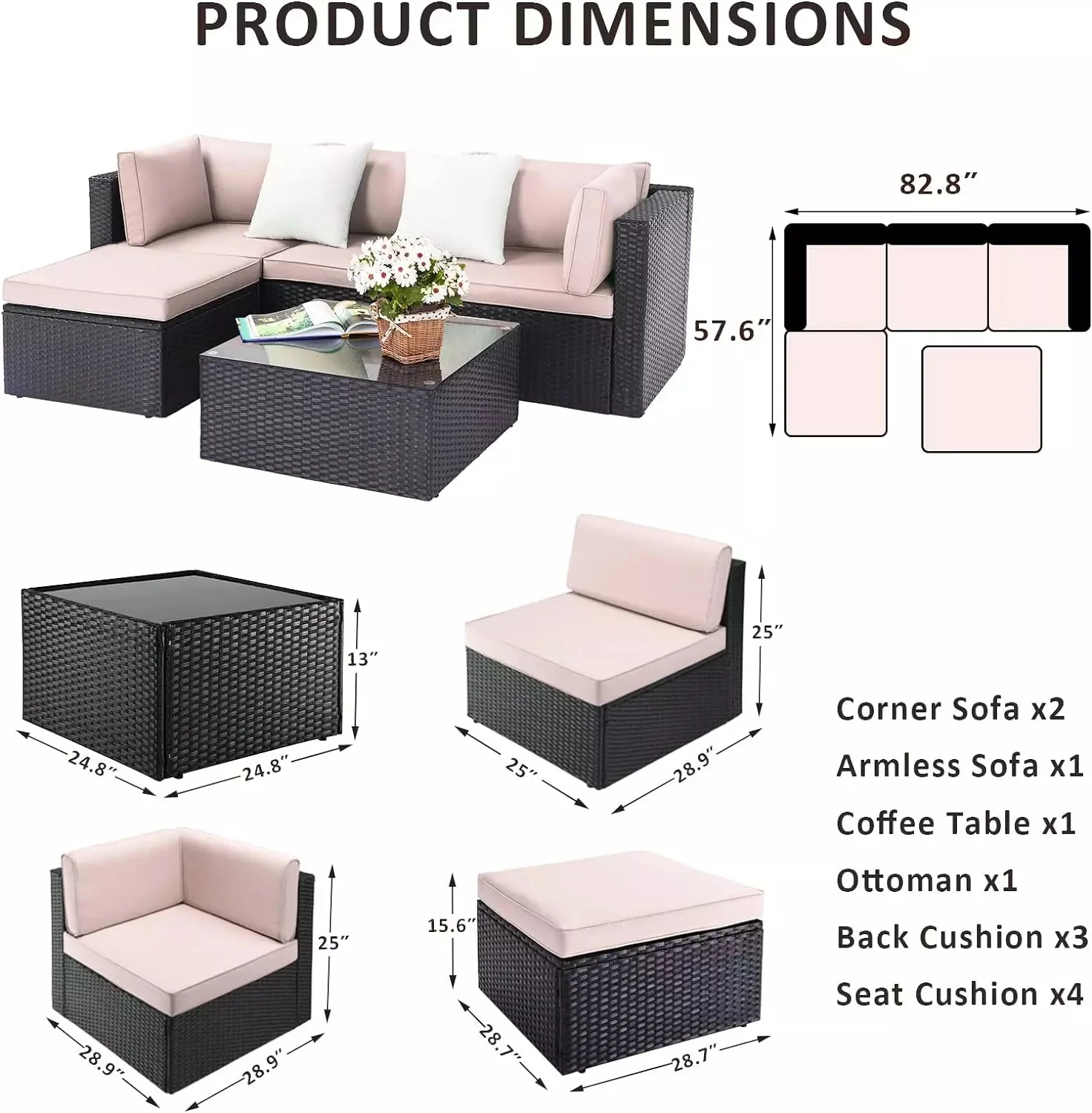 Vitesse 5 Pieces L Shaped Modular Patio Furniture Sets with Ottoman PF01 - Image 43