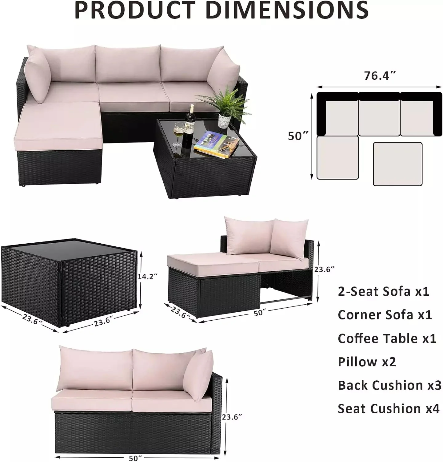 Vitesse 5 Pieces L Shaped Modular Patio Furniture Sets with Ottoman PF01 - Image 6