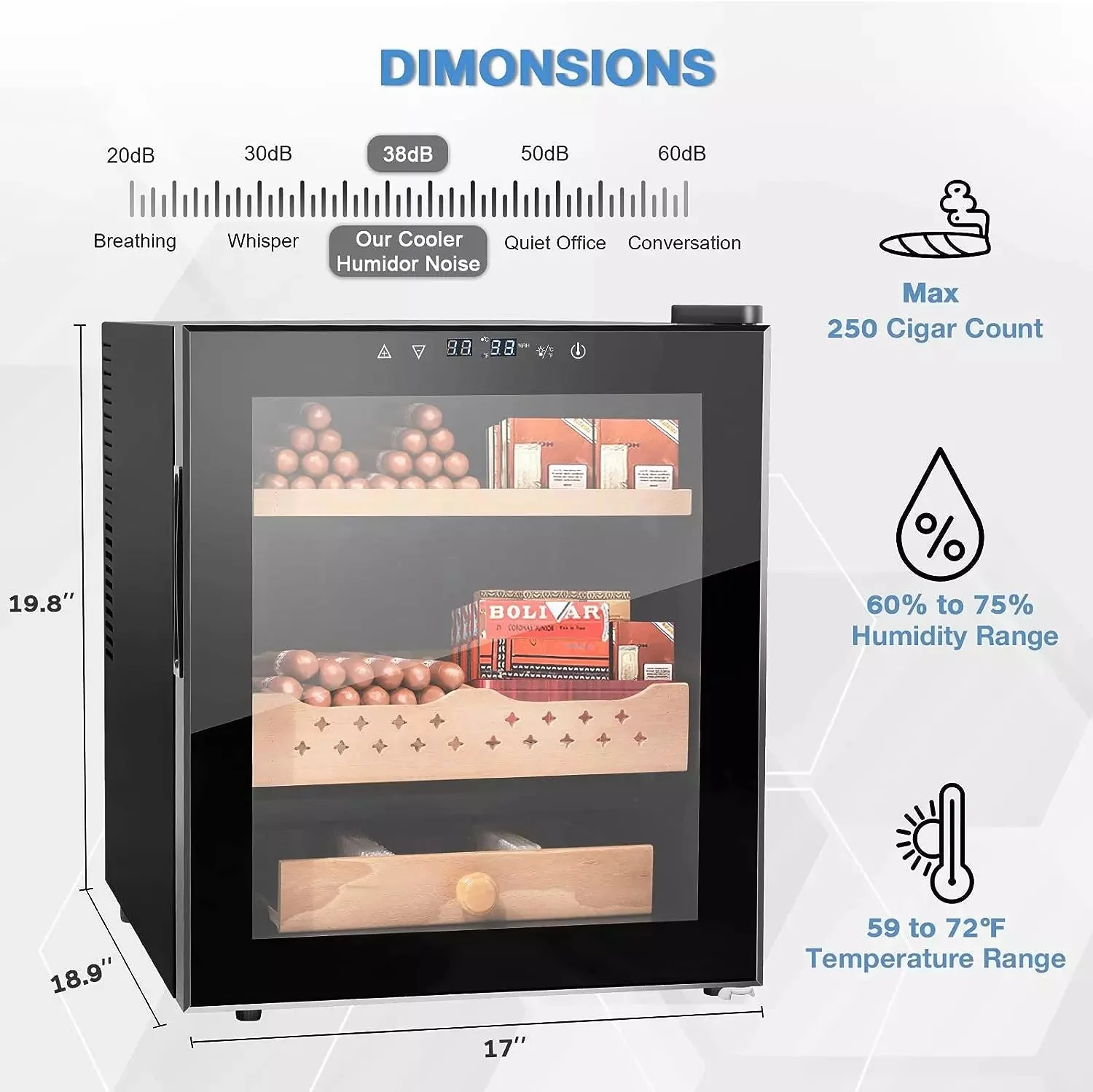 Vitesse 50L Electric Cigar Humidors for 250 Counts with Spanish Cedar Wood Drawer Shelves, Digital Hygrometer - Image 6