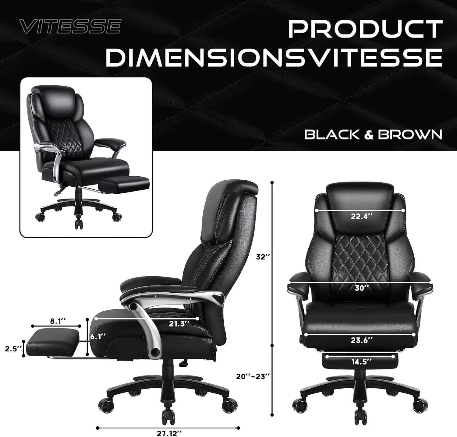 VITESSE 600lbs Big and Tall Office Chair with Foot Rest and Lifting Headrest,Large Heavy Duty Chair with Adjustable Lumber Support,Executive Office Chair,Leather Chair for Heavy People - Image 4