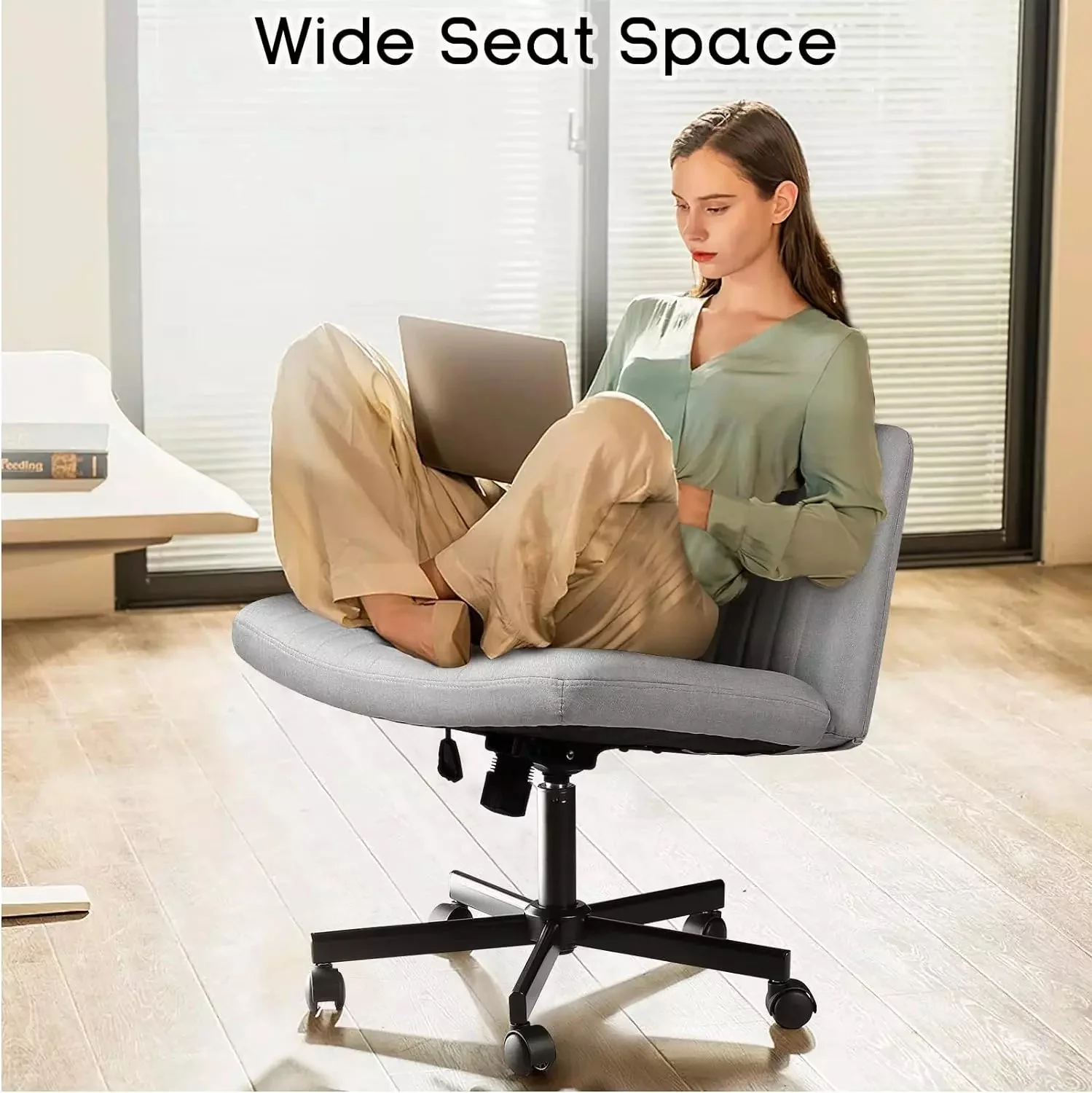 WALEAF Armless Office Desk Chair with Wheels, Fabric Padded Cross Legged Chair - Image 10