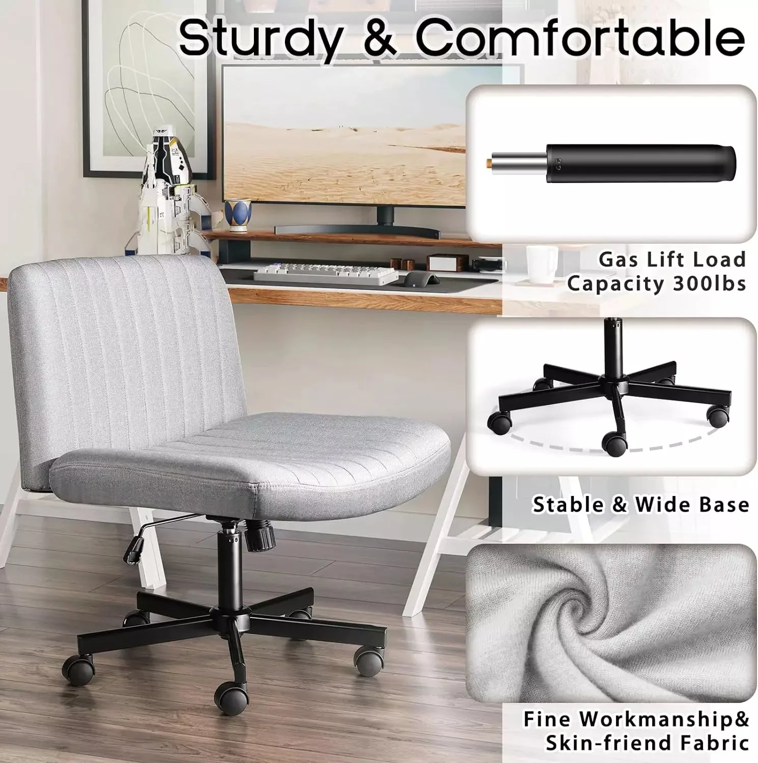 WALEAF Armless Office Desk Chair with Wheels, Fabric Padded Cross Legged Chair - Image 13