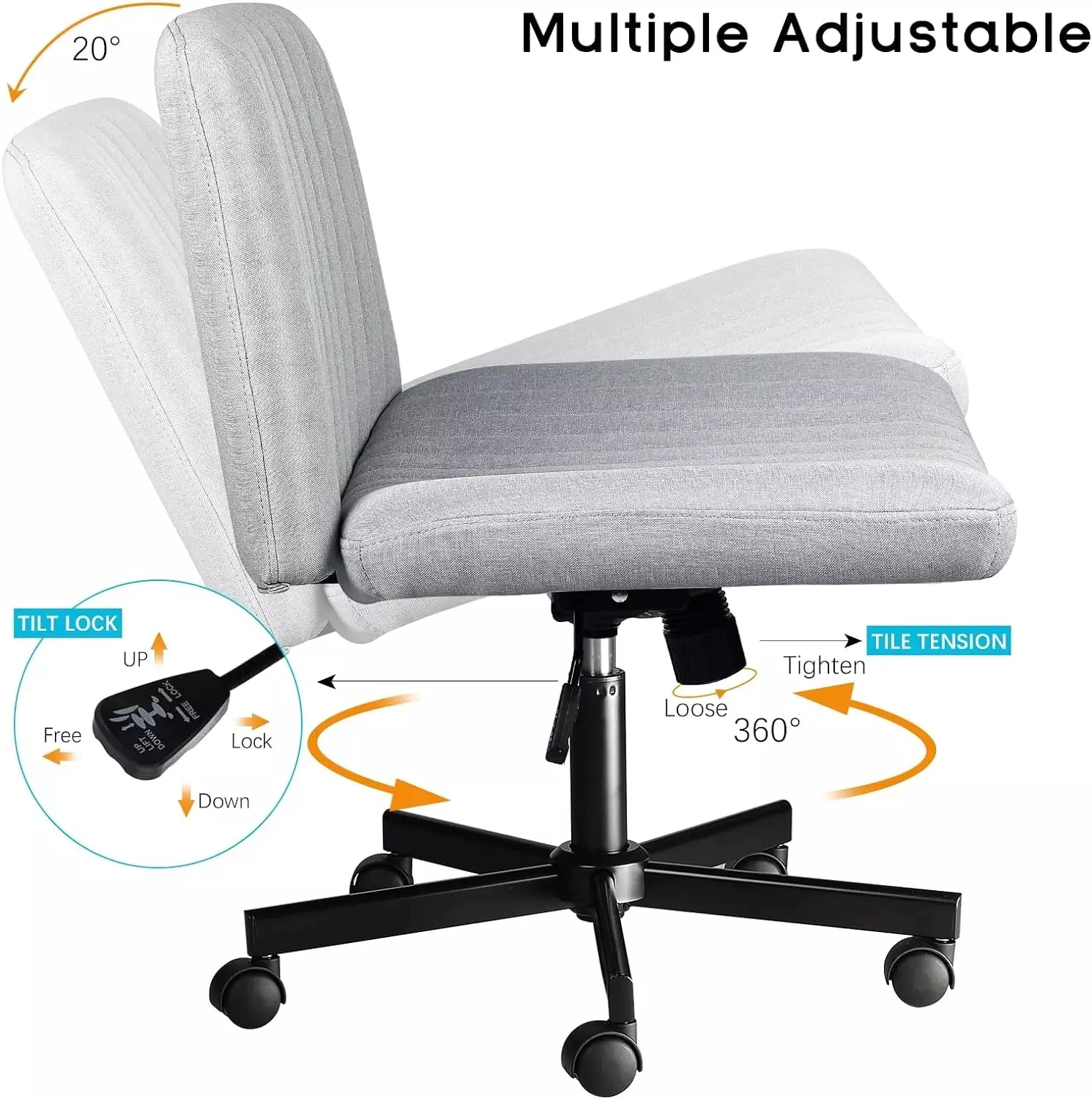 WALEAF Armless Office Desk Chair with Wheels, Fabric Padded Cross Legged Chair - Image 14