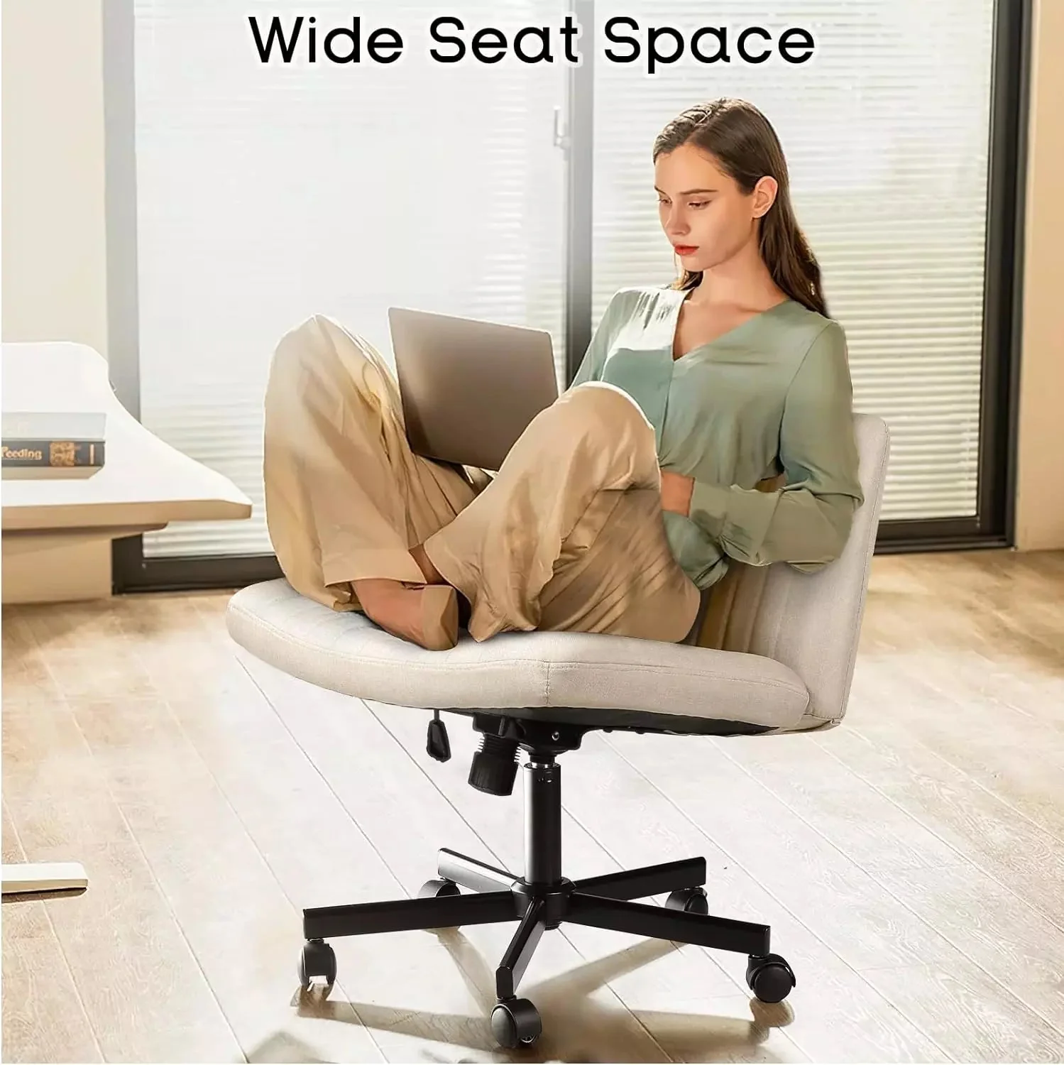 WALEAF Armless Office Desk Chair with Wheels, Fabric Padded Cross Legged Chair - Image 3