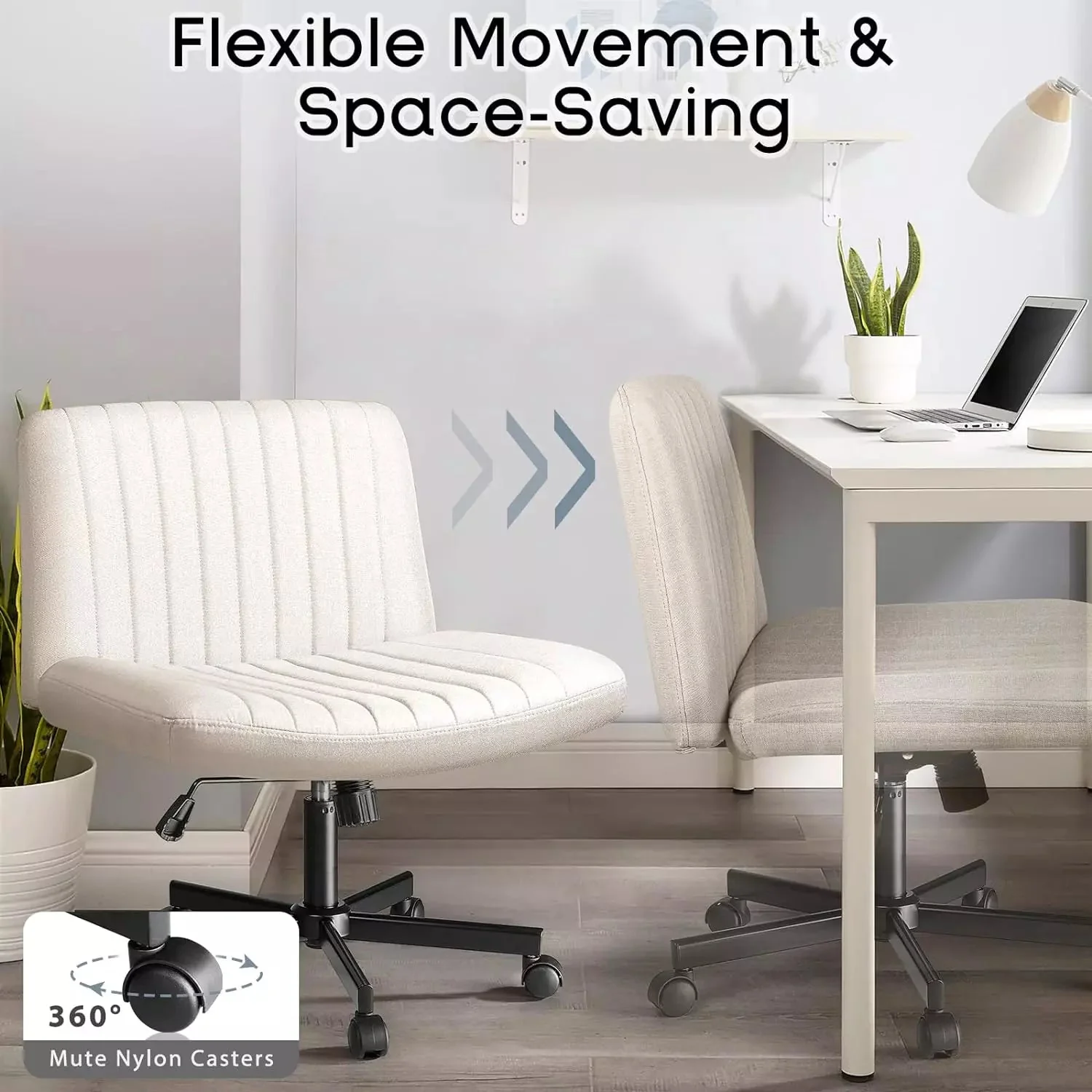 WALEAF Armless Office Desk Chair with Wheels, Fabric Padded Cross Legged Chair - Image 4