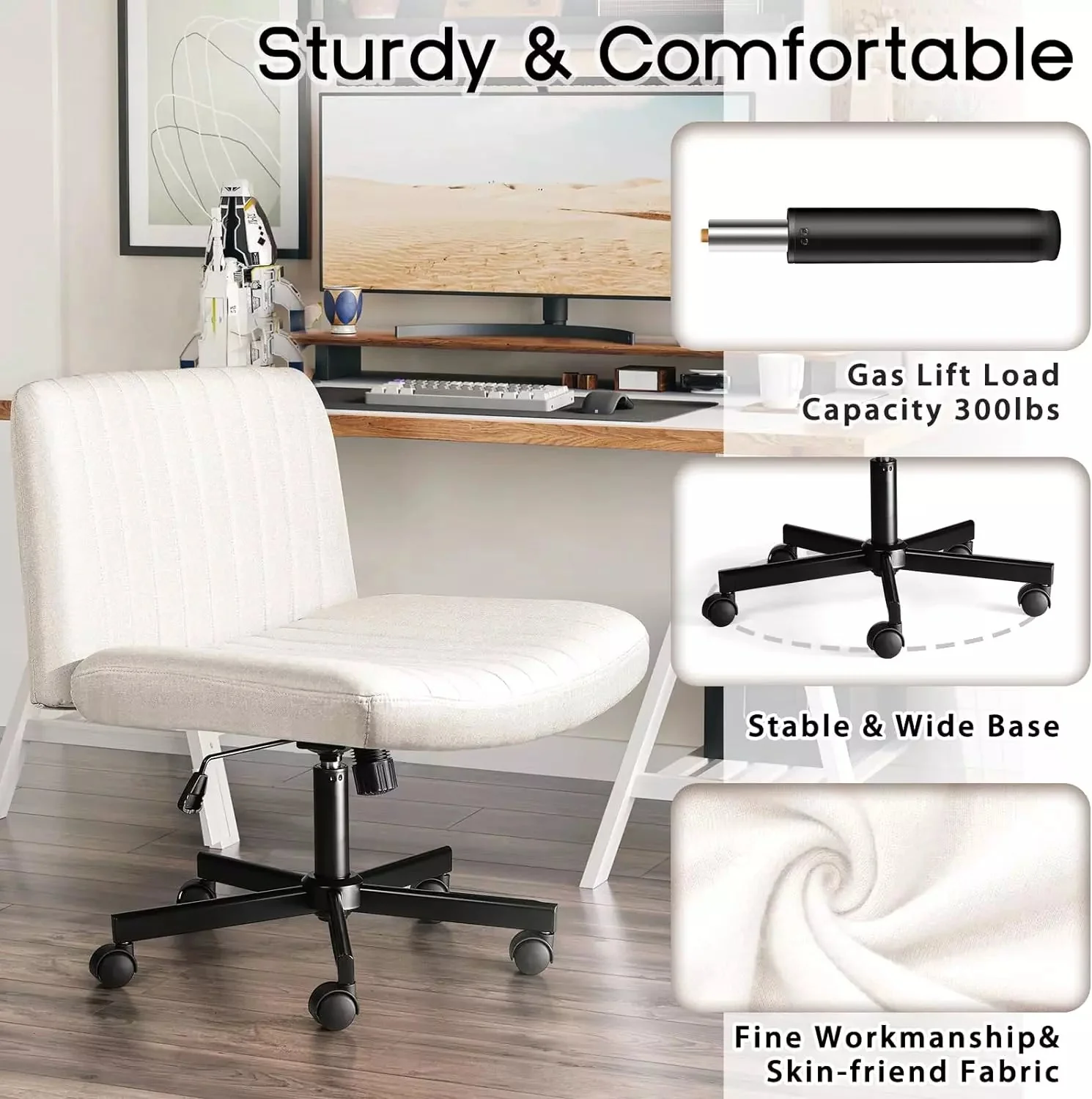 WALEAF Armless Office Desk Chair with Wheels, Fabric Padded Cross Legged Chair - Image 6