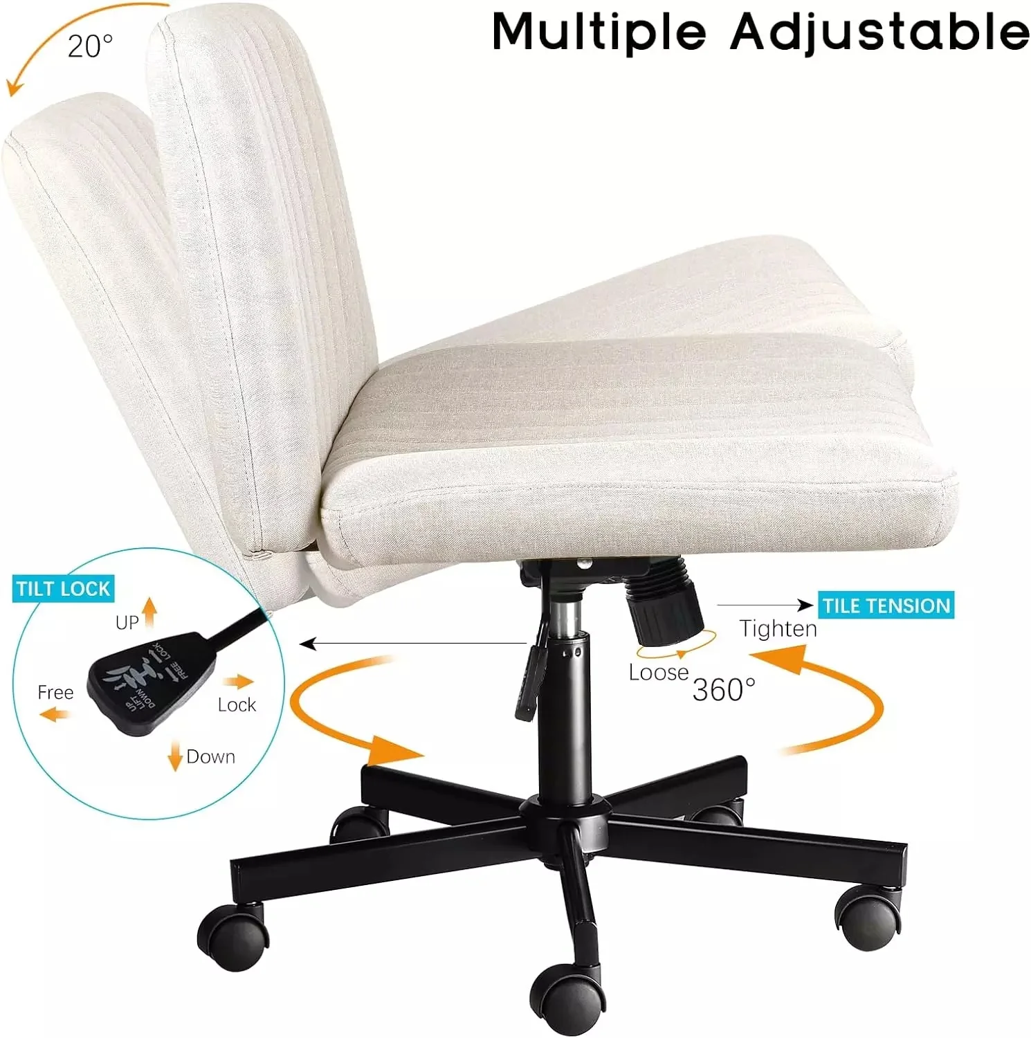WALEAF Armless Office Desk Chair with Wheels, Fabric Padded Cross Legged Chair - Image 7