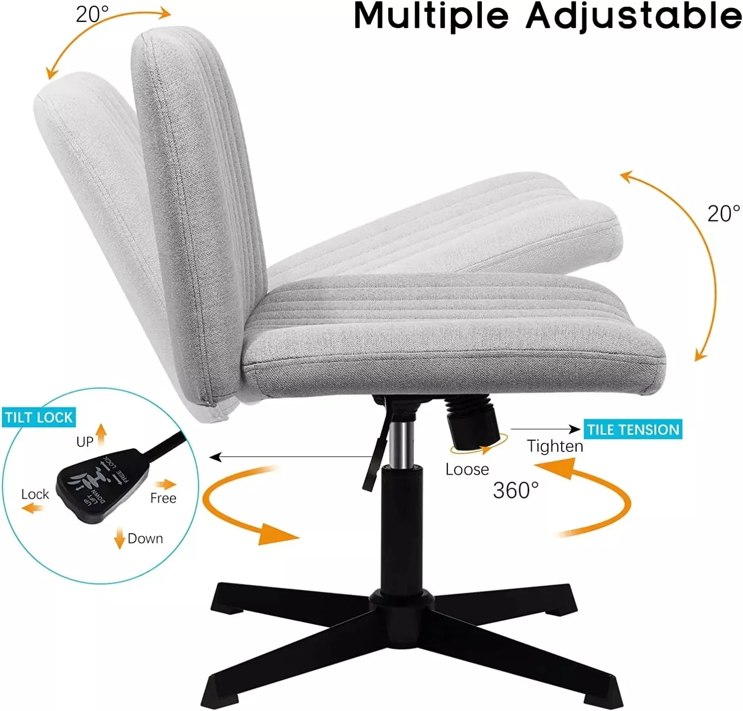 VITESSE Armless Swivel Office Chair, Height Adjustable Wide Seat Vanity Chair OFC06 - Image 12