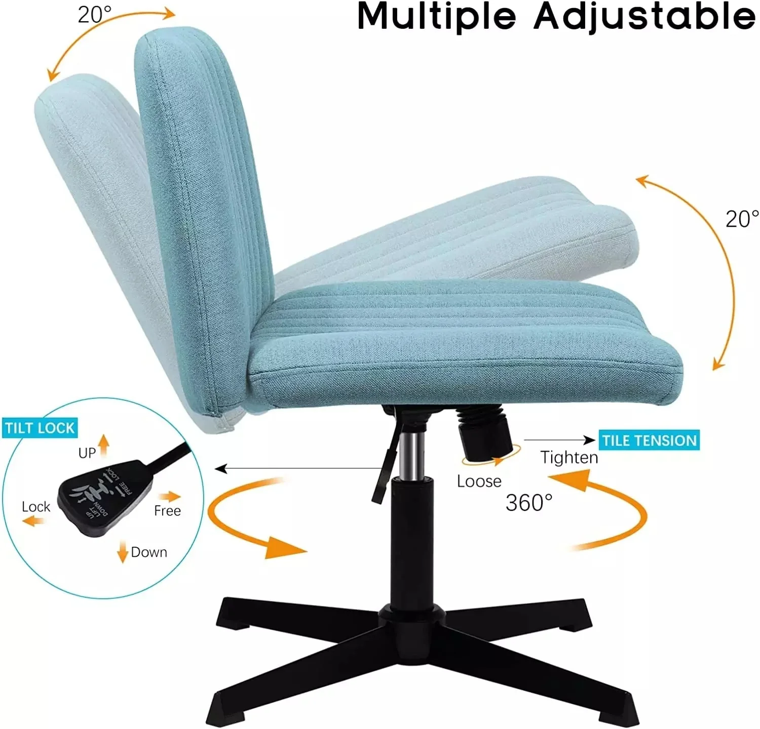 VITESSE Armless Swivel Office Chair, Height Adjustable Wide Seat Vanity Chair OFC06 - Image 19