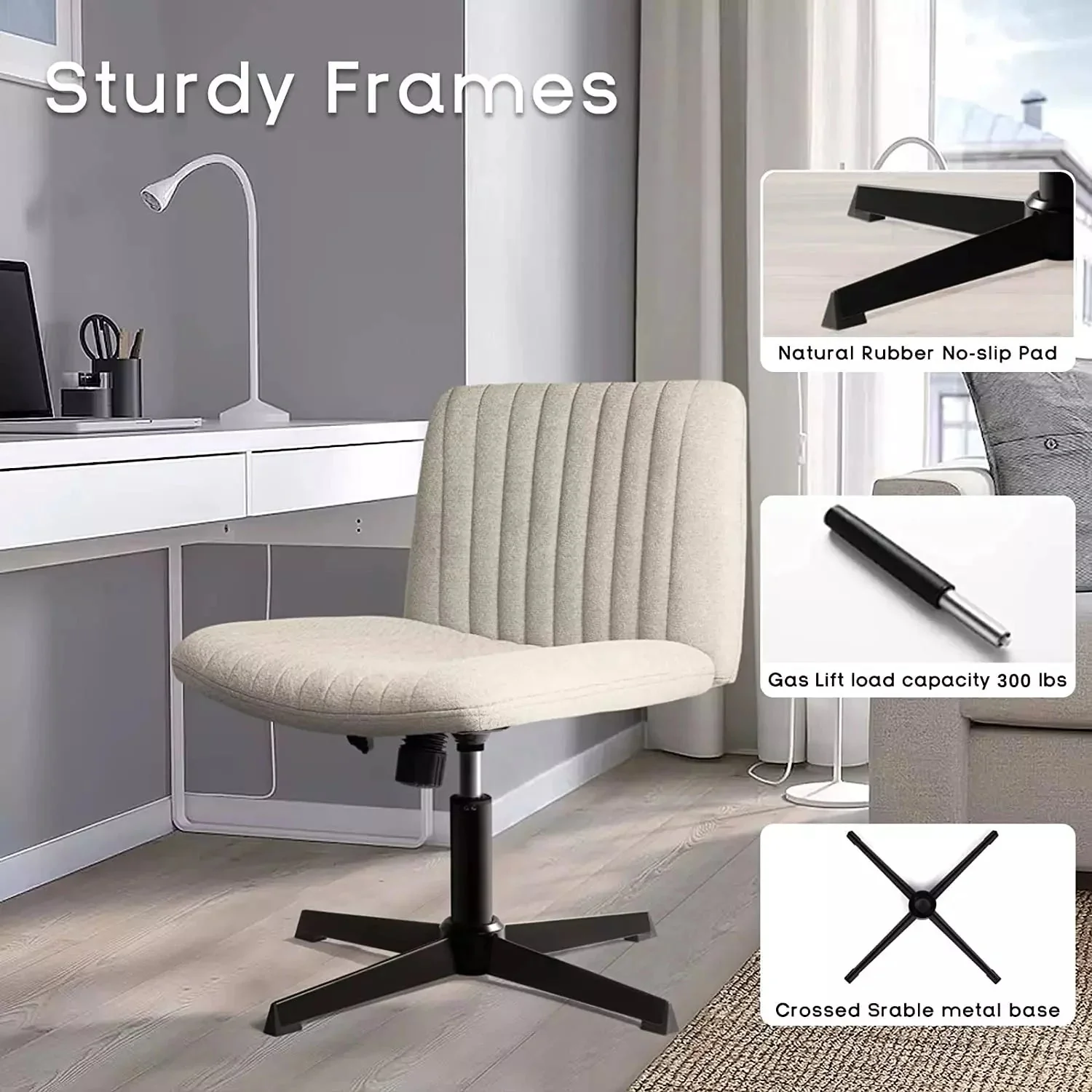VITESSE Armless Swivel Office Chair, Height Adjustable Wide Seat Vanity Chair OFC06 - Image 3