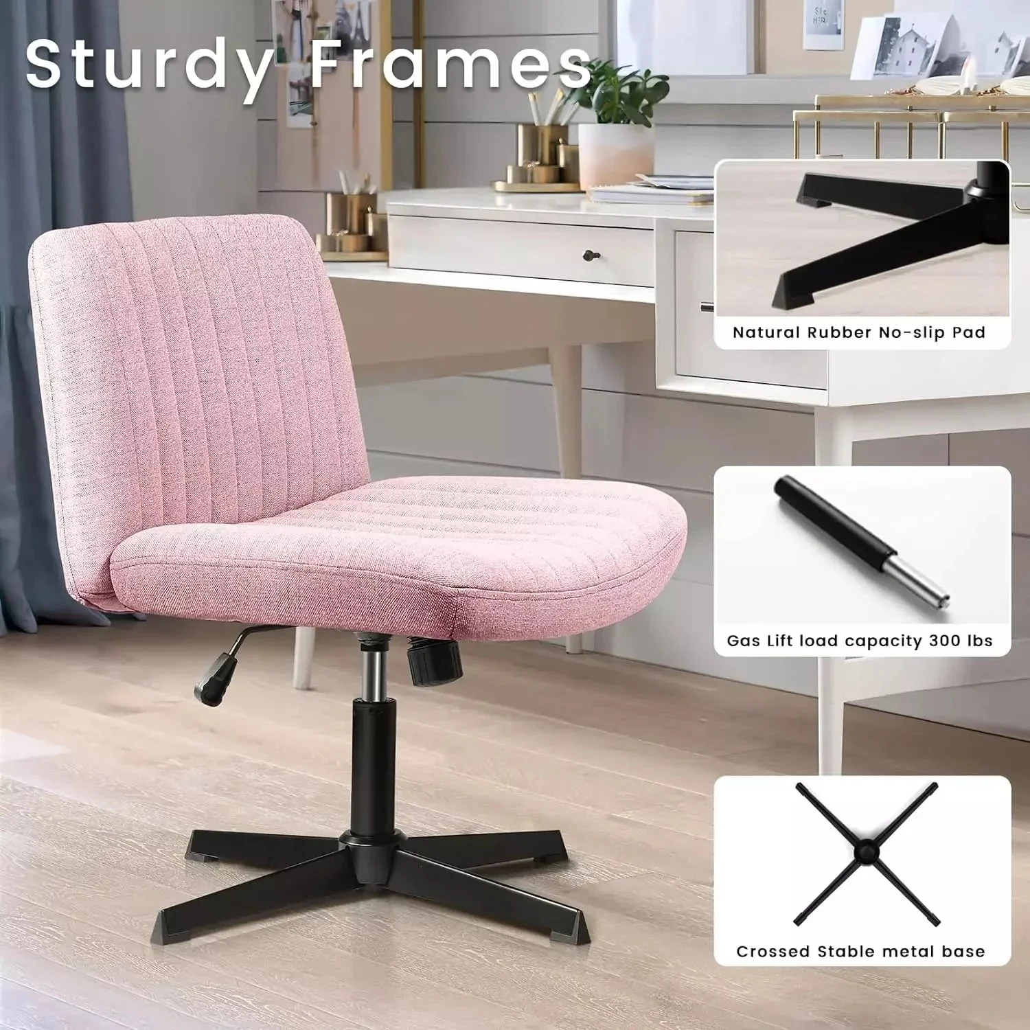 VITESSE Armless Swivel Office Chair, Height Adjustable Wide Seat Vanity Chair OFC06 - Image 31