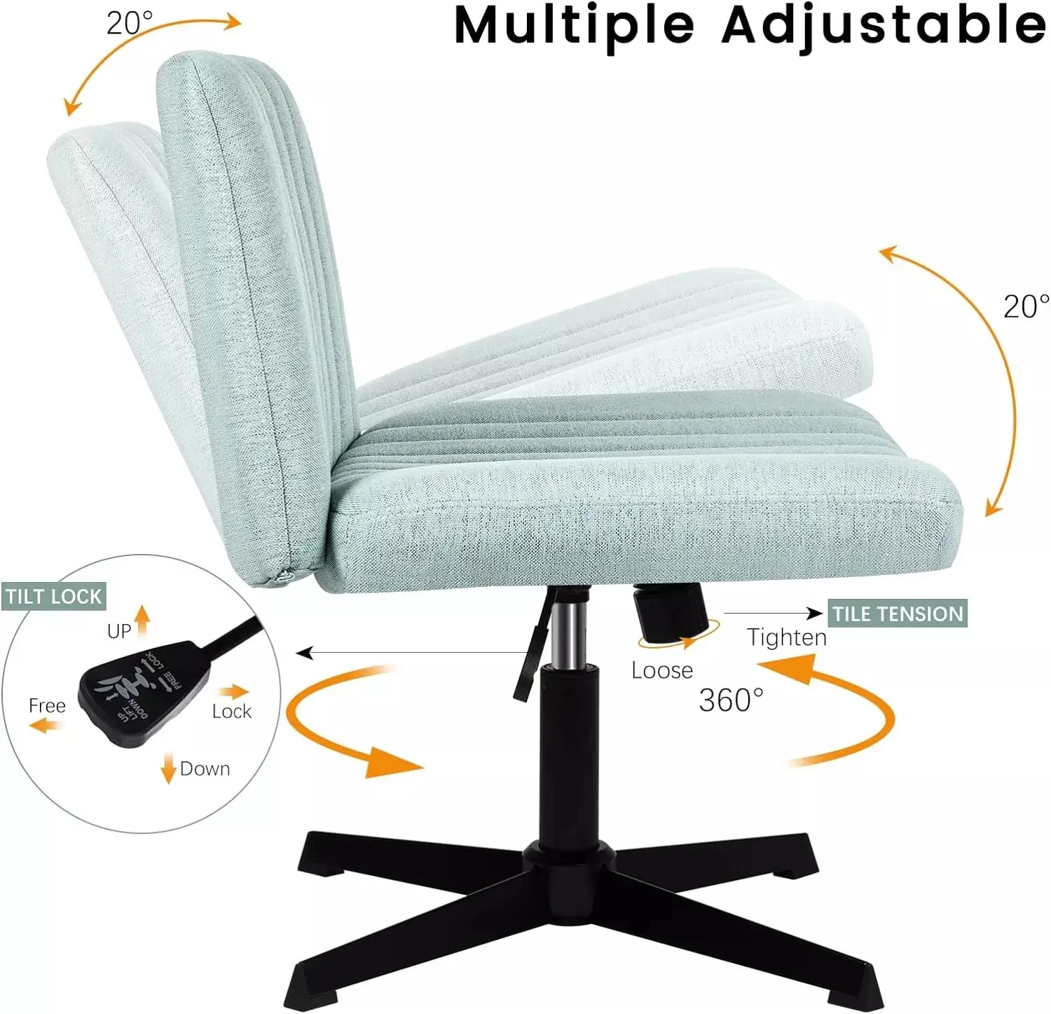 VITESSE Armless Swivel Office Chair, Height Adjustable Wide Seat Vanity Chair OFC06 - Image 47