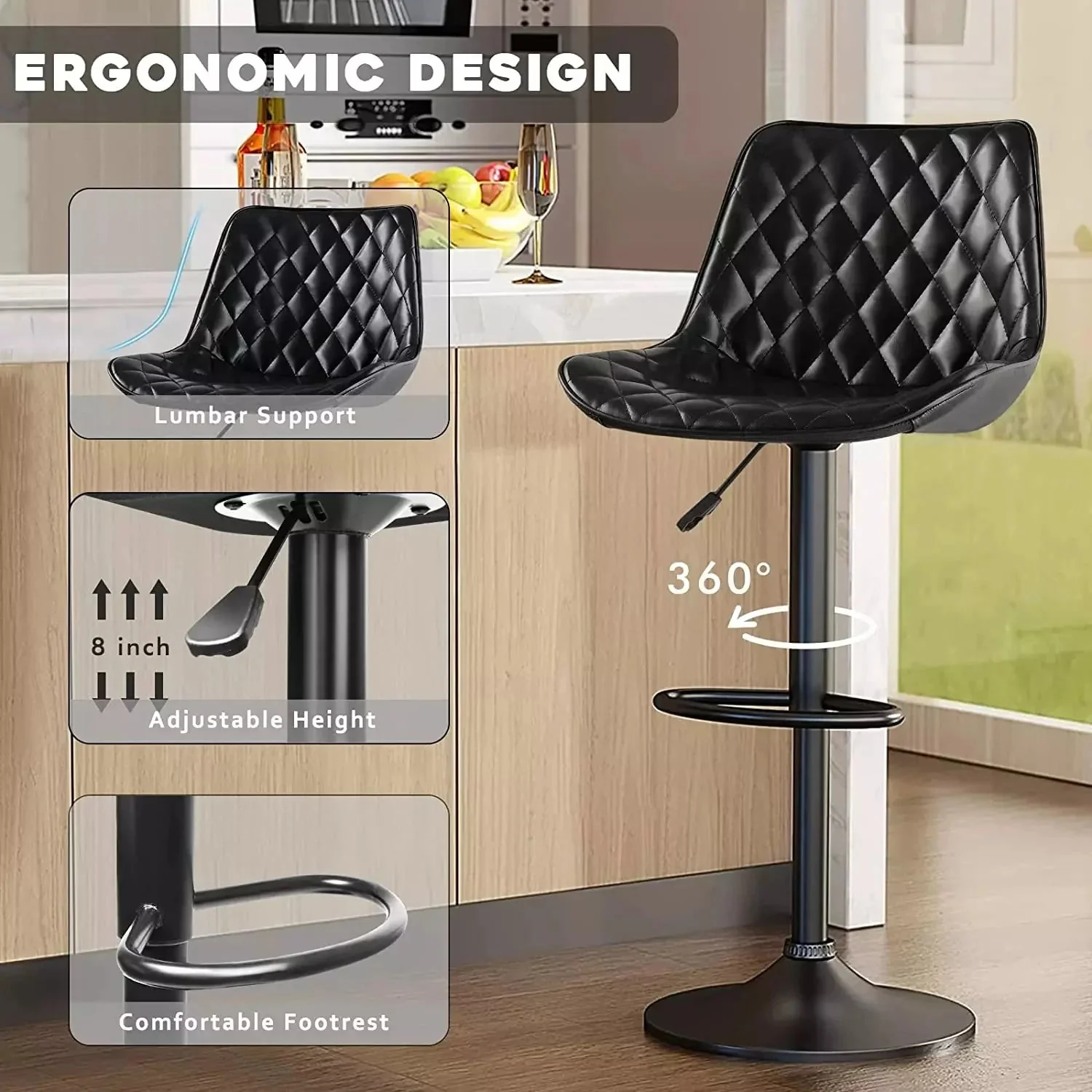 Vitesse Bar Stools Set of 2,Counter Heigh Faux Leather Adjustable Bar Stools - Image 4