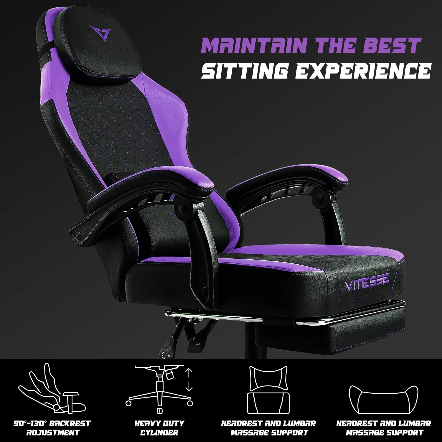 VITESSE Ergonomic Gaming Chair for Adults, 400 lbs PC Computer Chair, Racing Office Chair, Silla Gamer Height Adjustable Swivel Chair with Lumbar Vibration Support and Headrest - Image 18