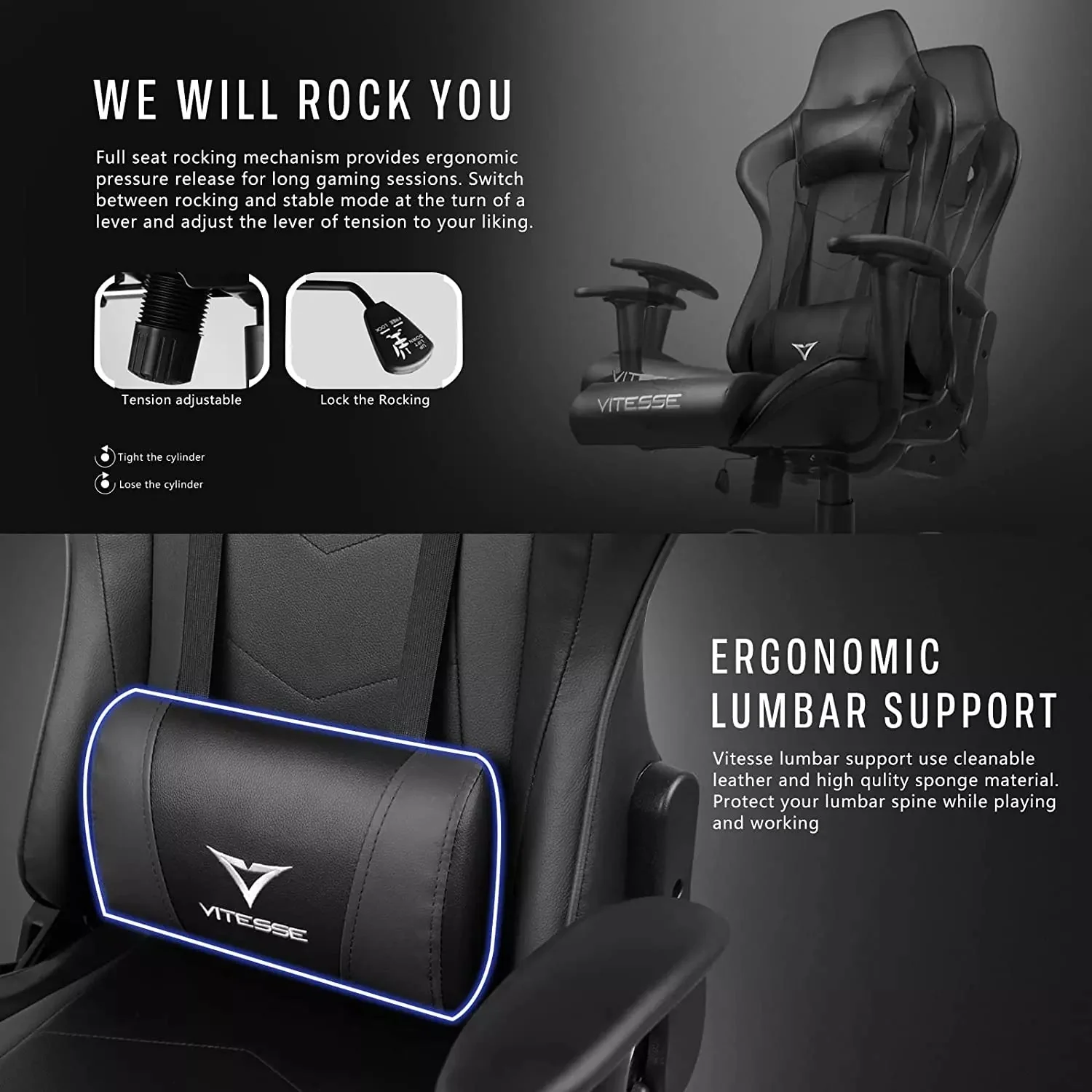 VITESSE Ergonomic Leather Gaming Chair, Reclining PC Gaming Chair VGC01 - Image 15