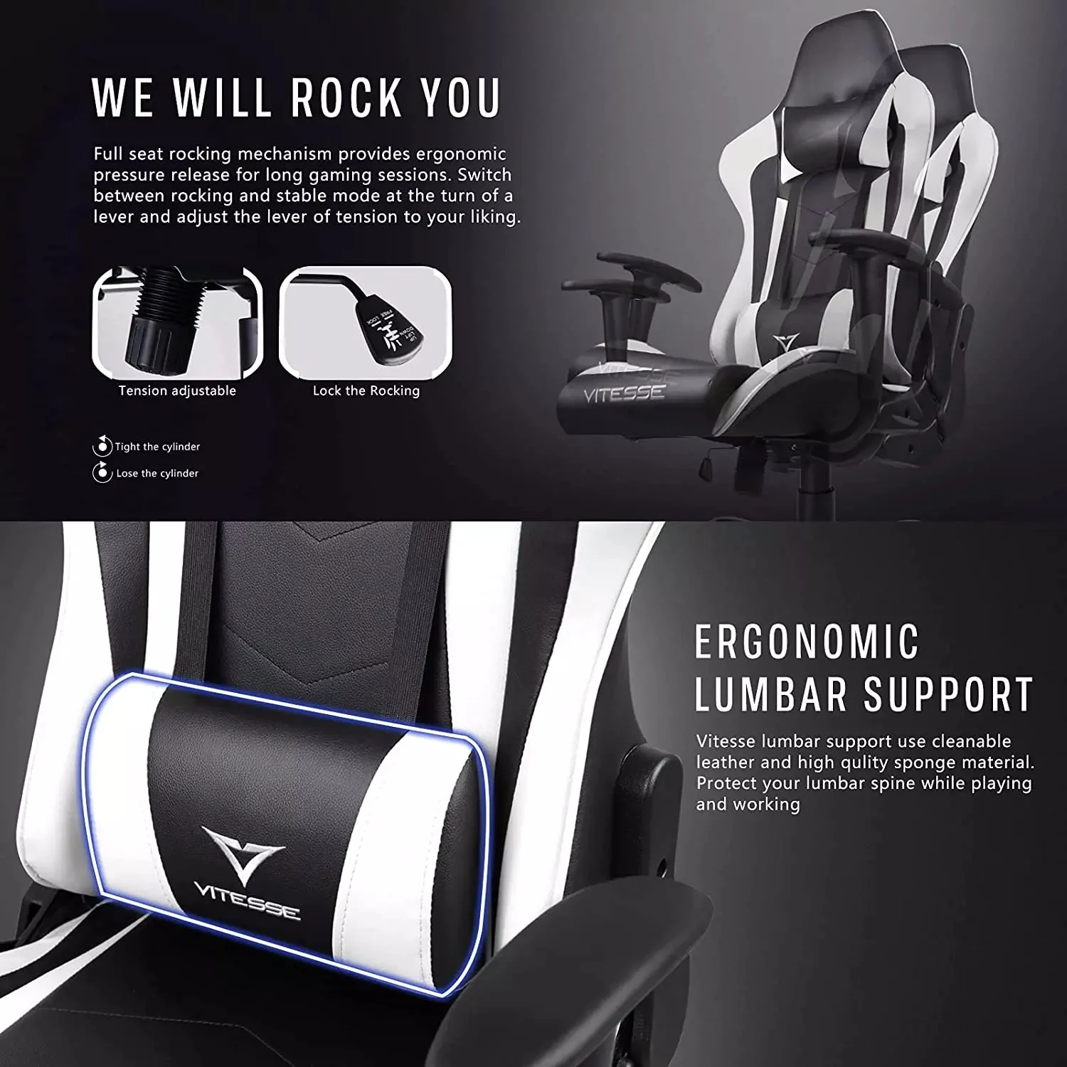 VITESSE Ergonomic Leather Gaming Chair, Reclining PC Gaming Chair VGC01 - Image 39