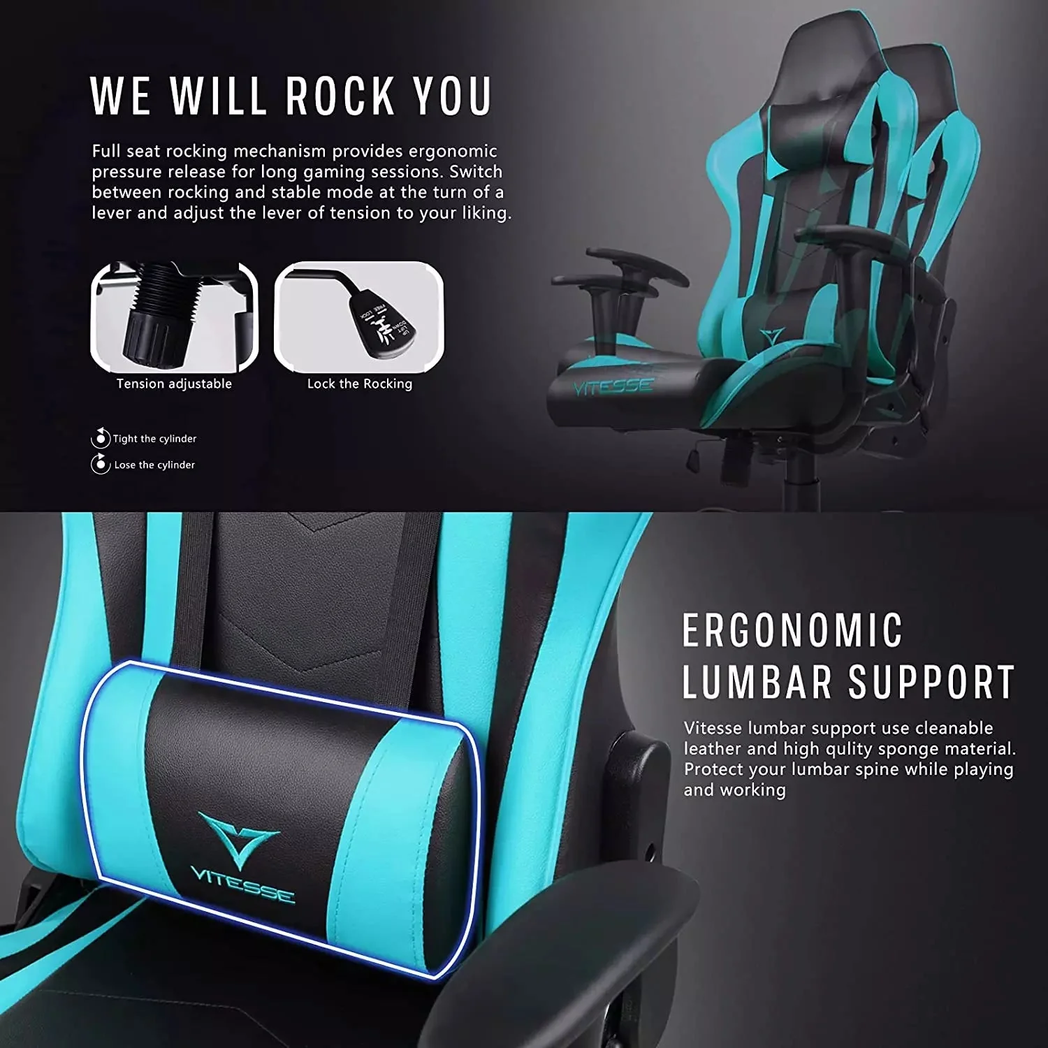 VITESSE Ergonomic Leather Gaming Chair, Reclining PC Gaming Chair VGC01 - Image 50