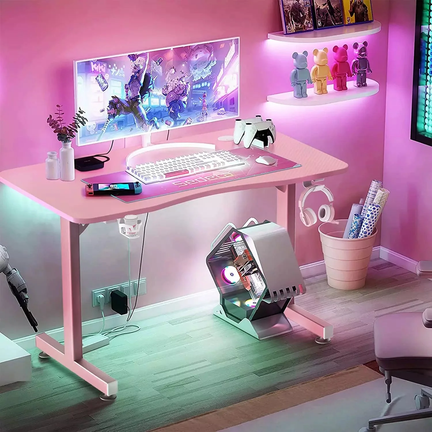 Vitesse 40" Cute Pink T-Shaped Small Gaming Desk with Headphone Hook TD05 - Image 3