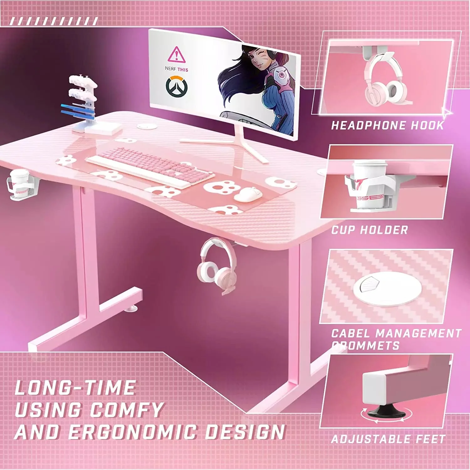 Vitesse 40" Cute Pink T-Shaped Small Gaming Desk with Headphone Hook TD05 - Image 4