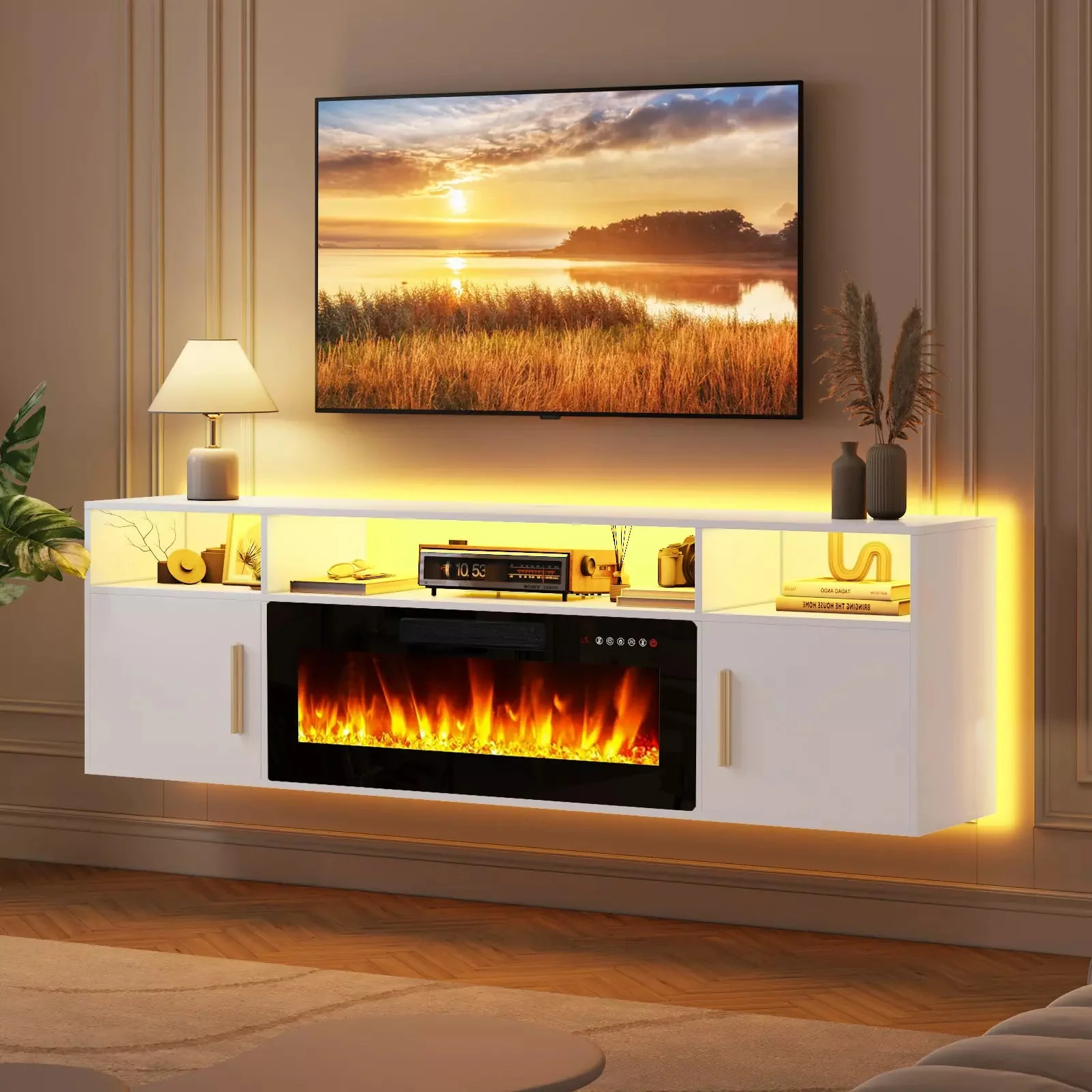 Floating Fireplace TV Stand 70'' Wall Mounted Shelf, LED Light Entertainment Center and Storage, Modern Wood Media TV Console with Highlight Cabinet for Living Room