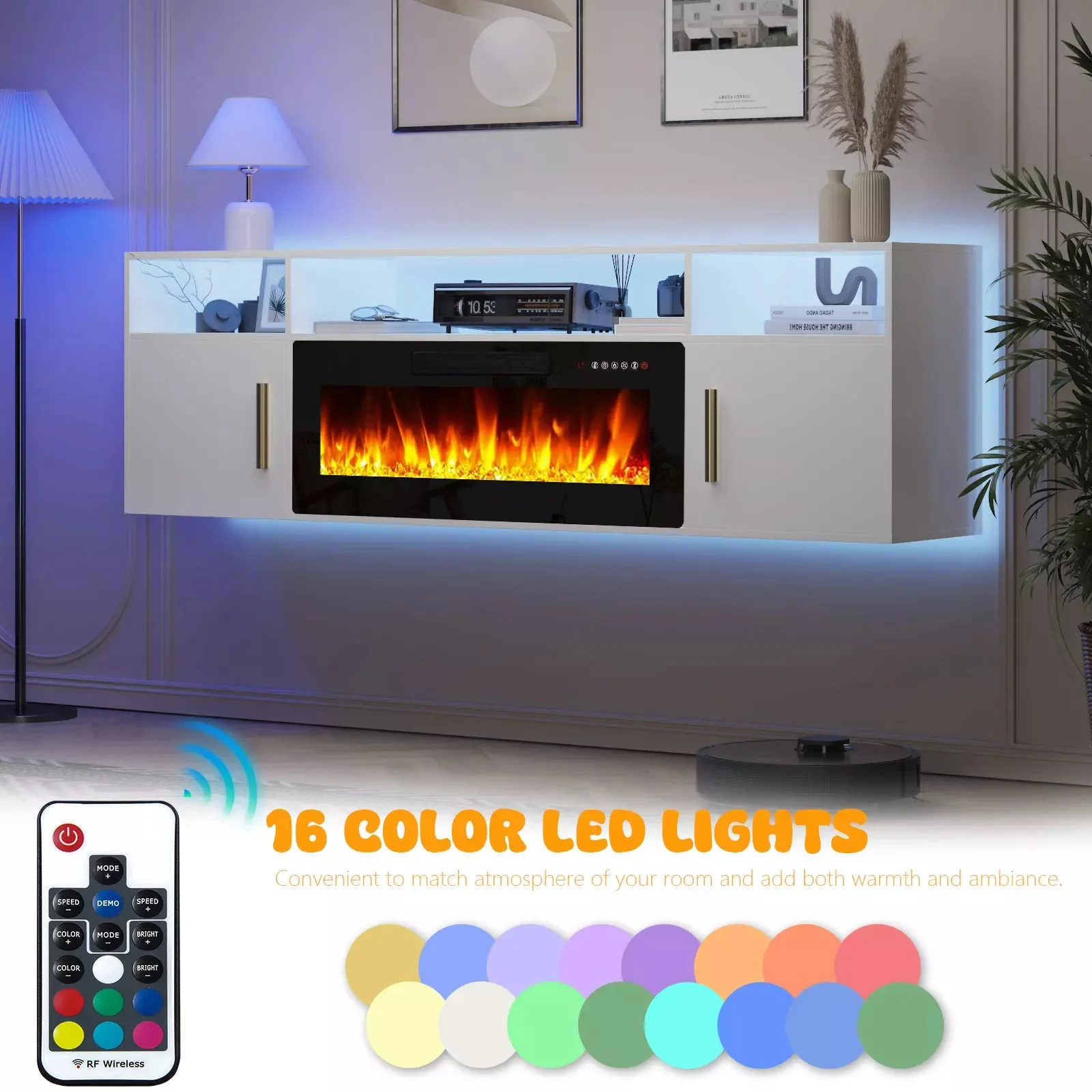 Floating Fireplace TV Stand 70'' Wall Mounted Shelf, LED Light Entertainment Center and Storage, Modern Wood Media TV Console with Highlight Cabinet for Living Room - Image 10