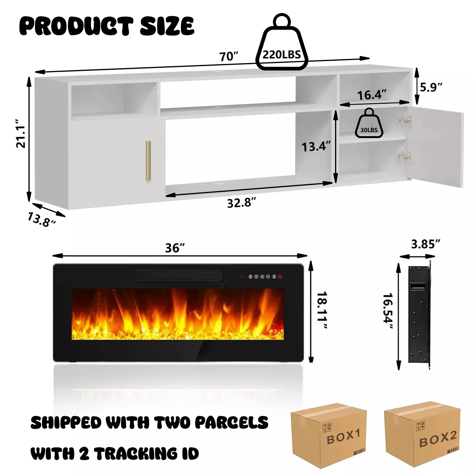 Floating Fireplace TV Stand 70'' Wall Mounted Shelf, LED Light Entertainment Center and Storage, Modern Wood Media TV Console with Highlight Cabinet for Living Room - Image 11