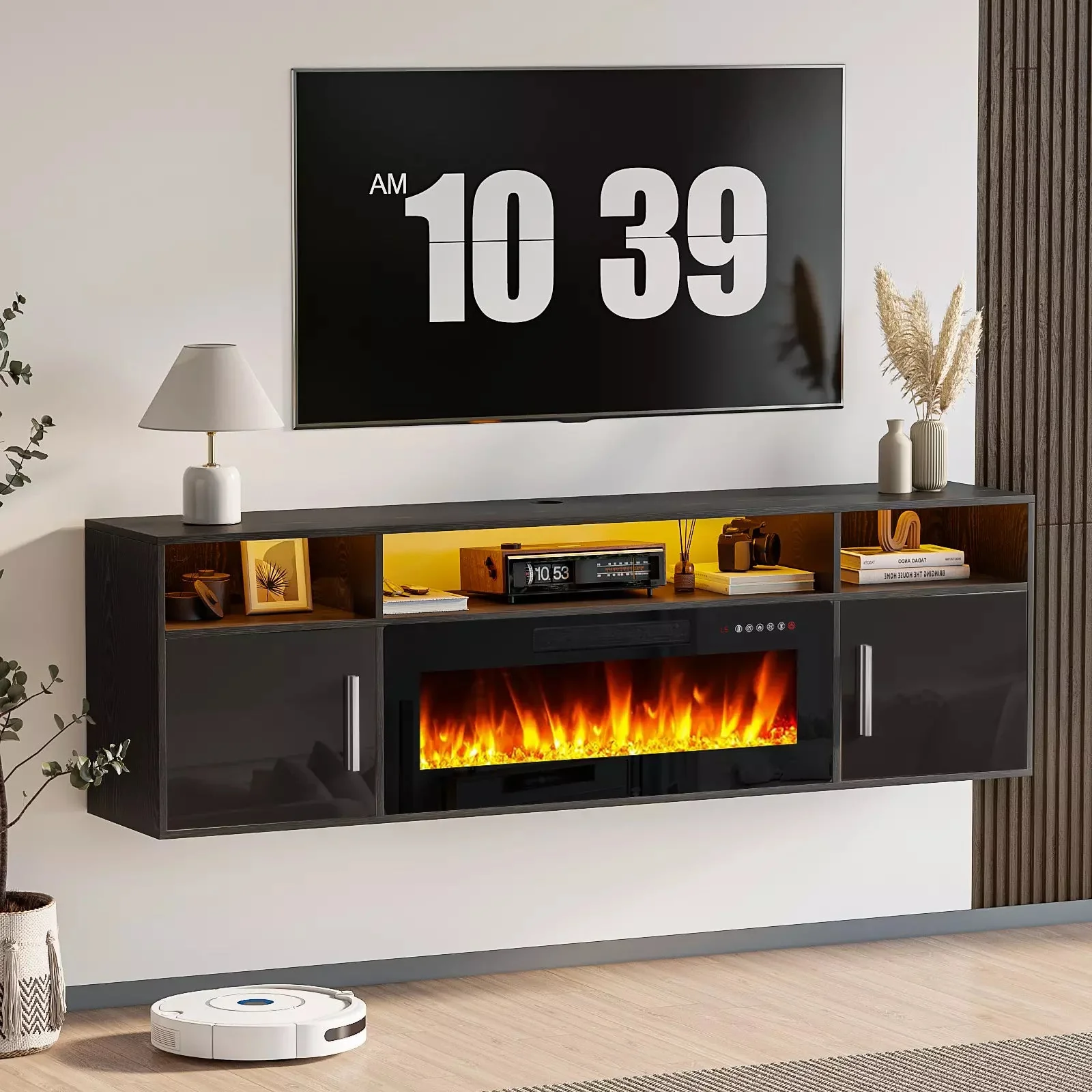 Floating Fireplace TV Stand 70'' Wall Mounted Shelf, LED Light Entertainment Center and Storage, Modern Wood Media TV Console with Highlight Cabinet for Living Room - Image 12