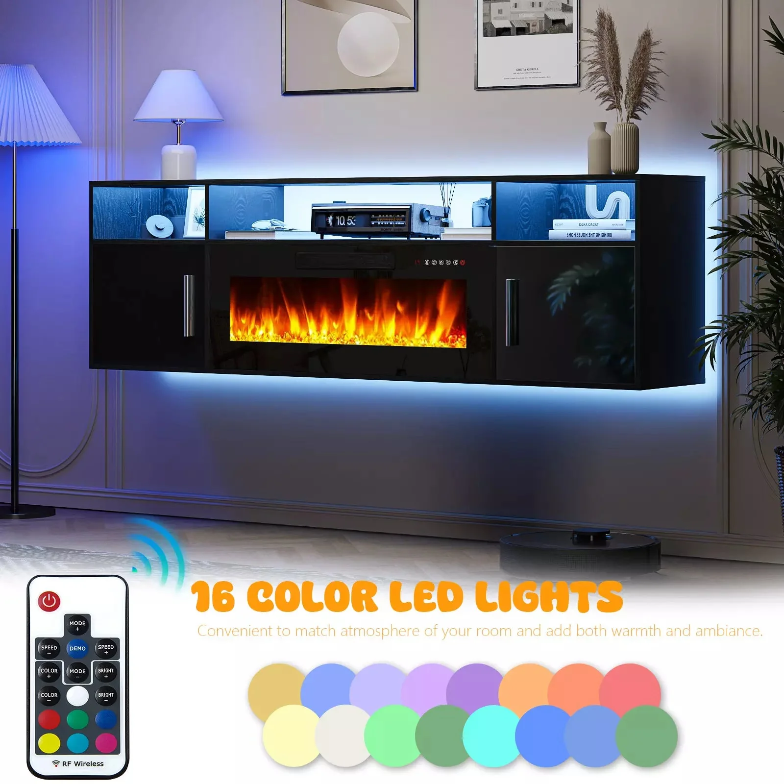 Floating Fireplace TV Stand 70'' Wall Mounted Shelf, LED Light Entertainment Center and Storage, Modern Wood Media TV Console with Highlight Cabinet for Living Room - Image 15