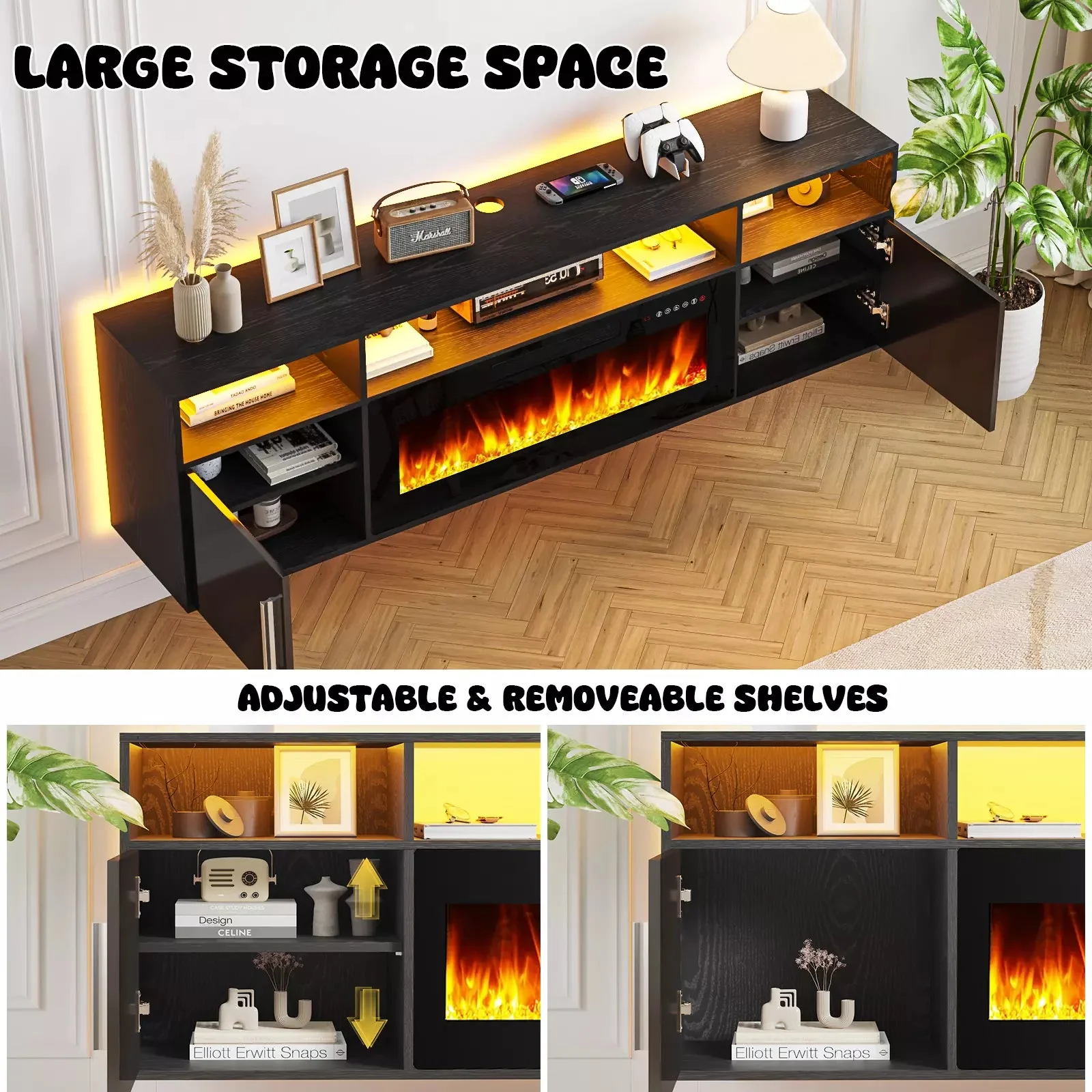 Floating Fireplace TV Stand 70'' Wall Mounted Shelf, LED Light Entertainment Center and Storage, Modern Wood Media TV Console with Highlight Cabinet for Living Room - Image 16