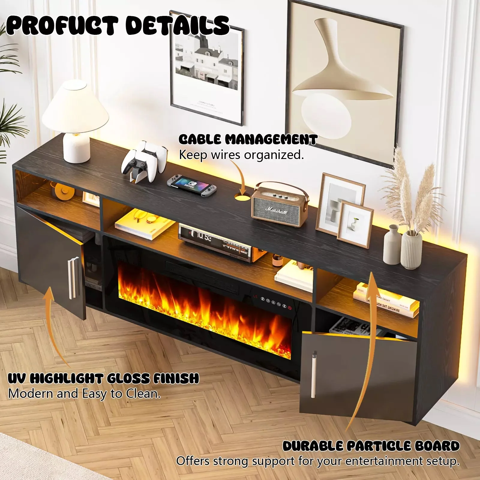 Floating Fireplace TV Stand 70'' Wall Mounted Shelf, LED Light Entertainment Center and Storage, Modern Wood Media TV Console with Highlight Cabinet for Living Room - Image 17