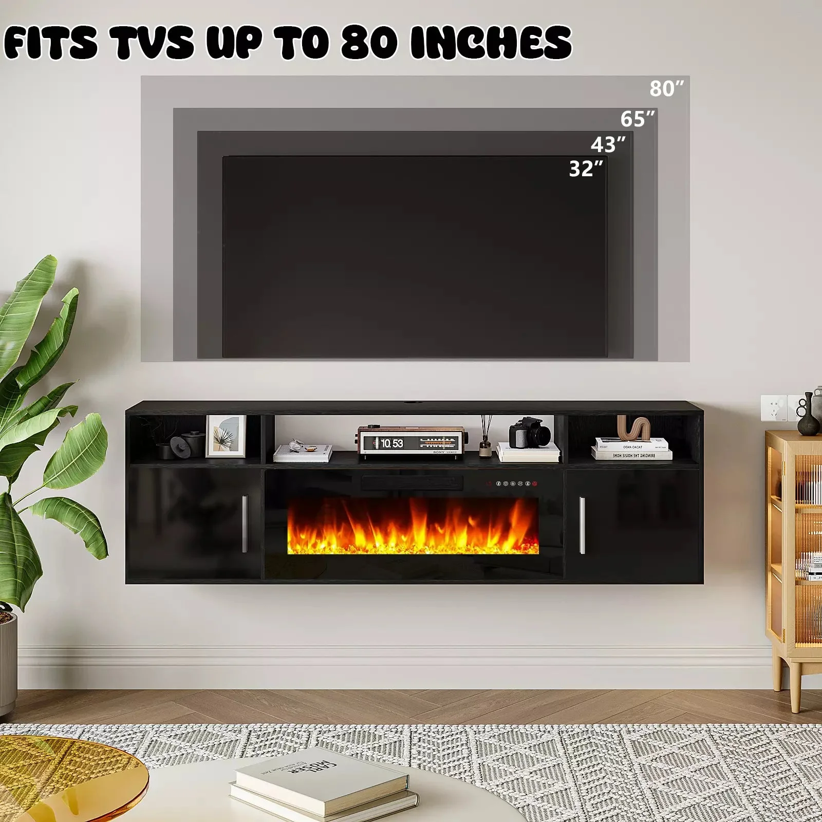 Floating Fireplace TV Stand 70'' Wall Mounted Shelf, LED Light Entertainment Center and Storage, Modern Wood Media TV Console with Highlight Cabinet for Living Room - Image 18