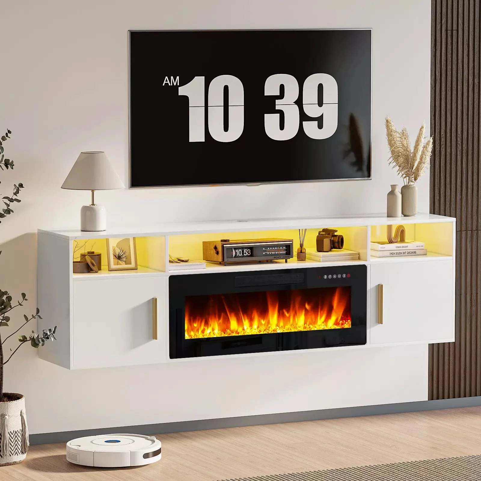 Floating Fireplace TV Stand 70'' Wall Mounted Shelf, LED Light Entertainment Center and Storage, Modern Wood Media TV Console with Highlight Cabinet for Living Room - Image 2