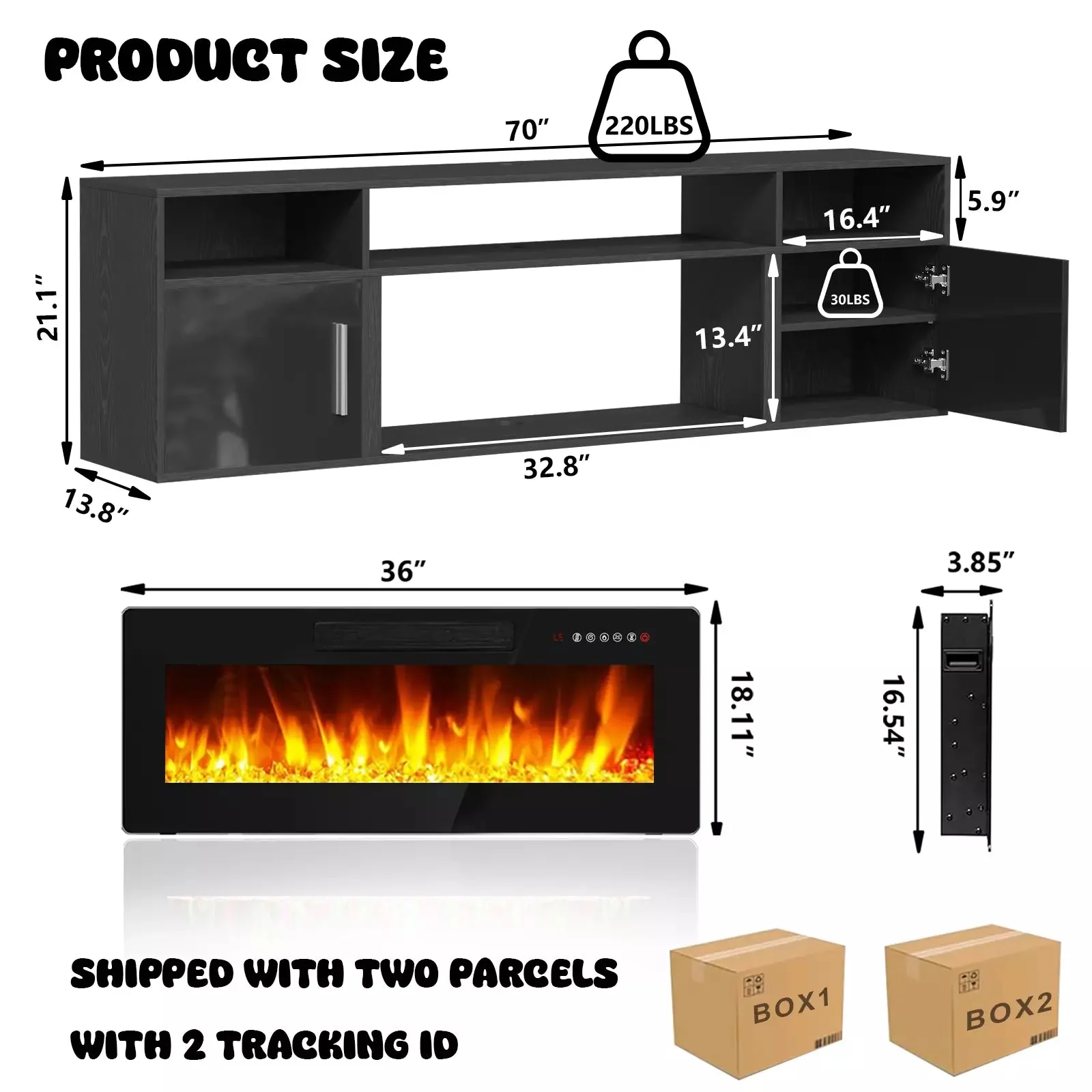 Floating Fireplace TV Stand 70'' Wall Mounted Shelf, LED Light Entertainment Center and Storage, Modern Wood Media TV Console with Highlight Cabinet for Living Room - Image 20