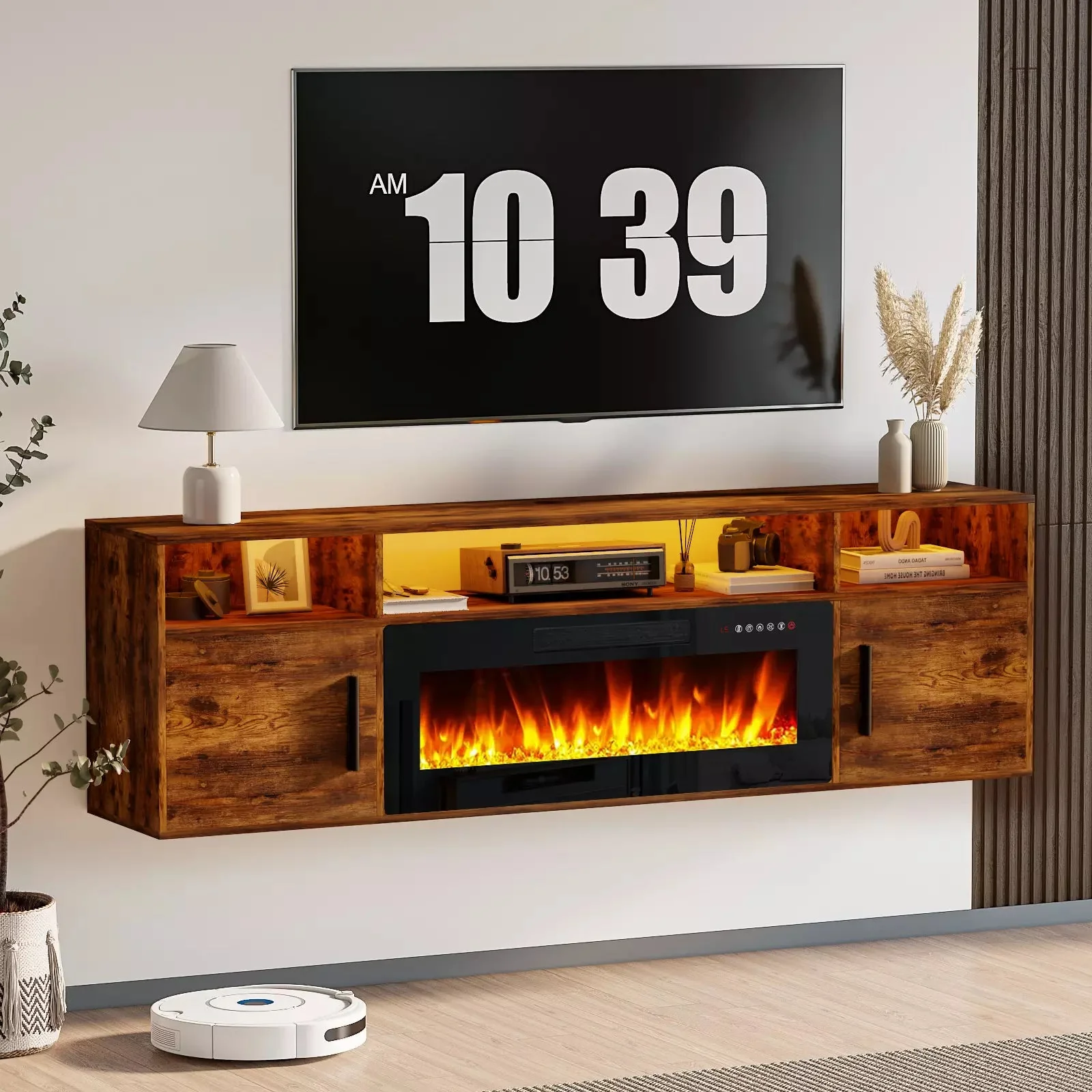 Floating Fireplace TV Stand 70'' Wall Mounted Shelf, LED Light Entertainment Center and Storage, Modern Wood Media TV Console with Highlight Cabinet for Living Room - Image 21