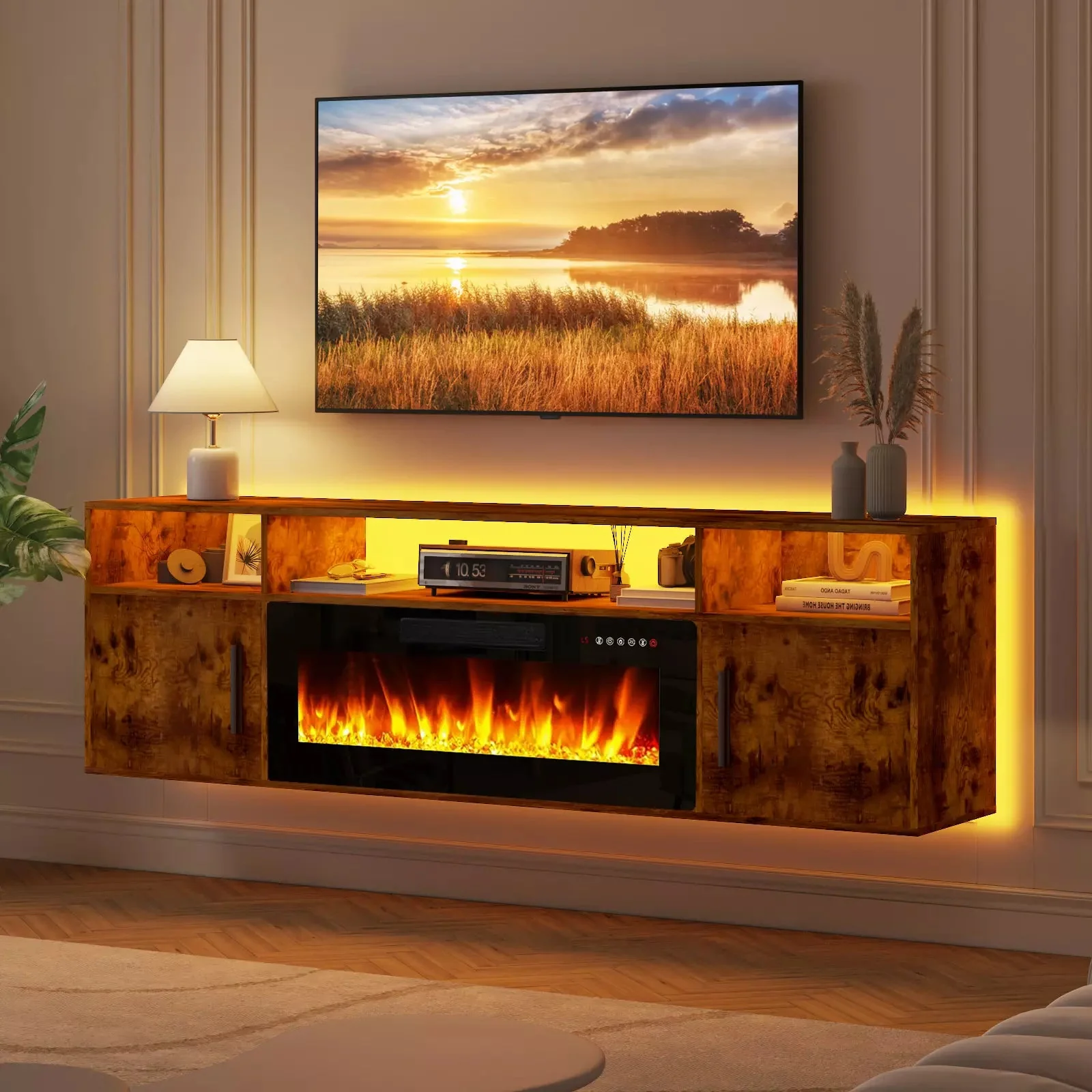 Floating Fireplace TV Stand 70'' Wall Mounted Shelf, LED Light Entertainment Center and Storage, Modern Wood Media TV Console with Highlight Cabinet for Living Room - Image 22