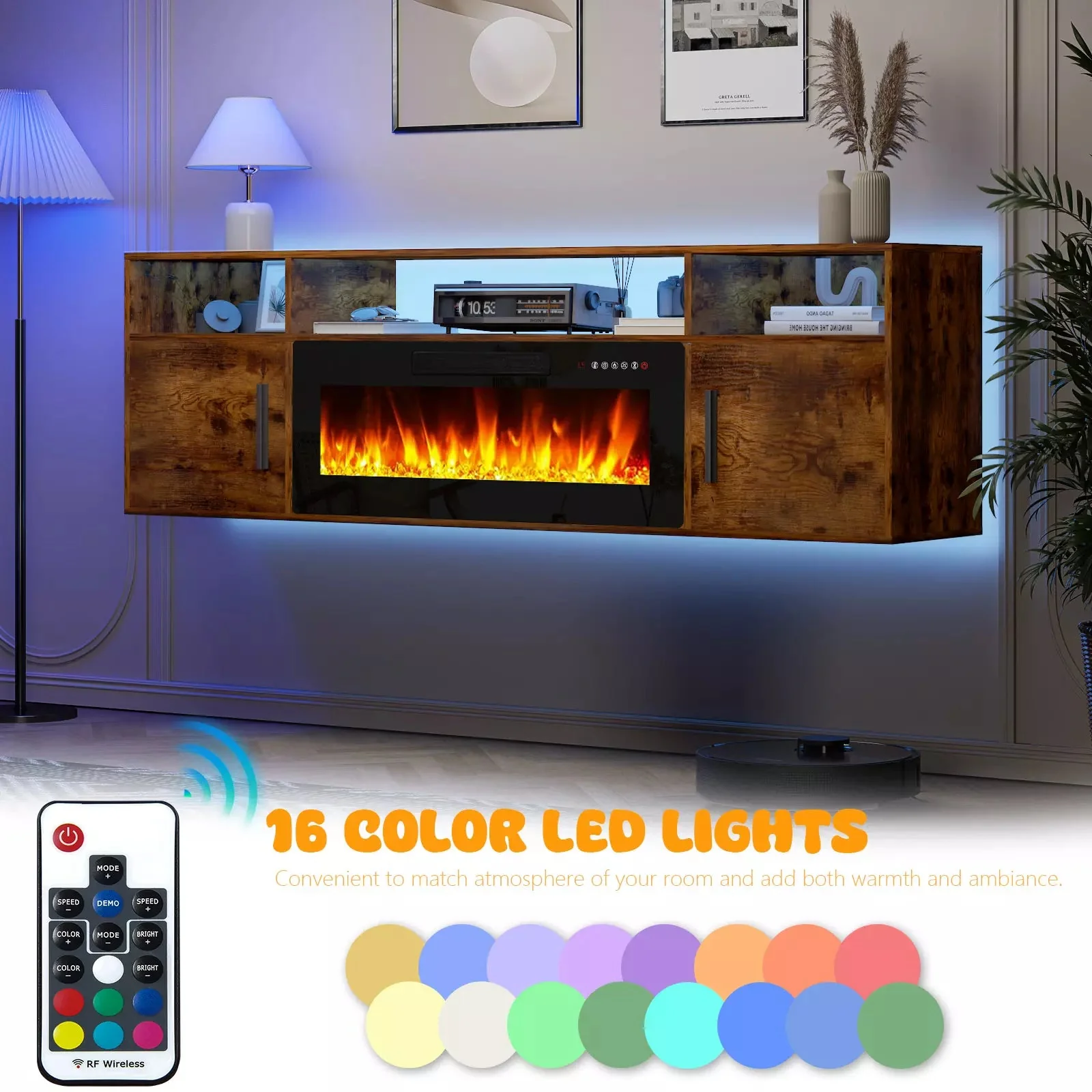 Floating Fireplace TV Stand 70'' Wall Mounted Shelf, LED Light Entertainment Center and Storage, Modern Wood Media TV Console with Highlight Cabinet for Living Room - Image 24